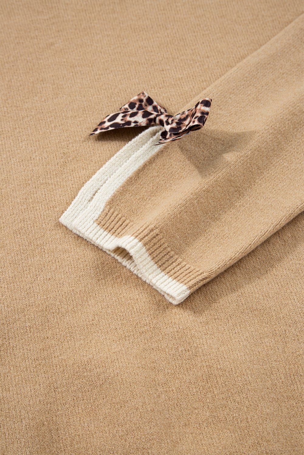 Tan Leopard Bow Decor Split Cuff Contrast Trim Sweater