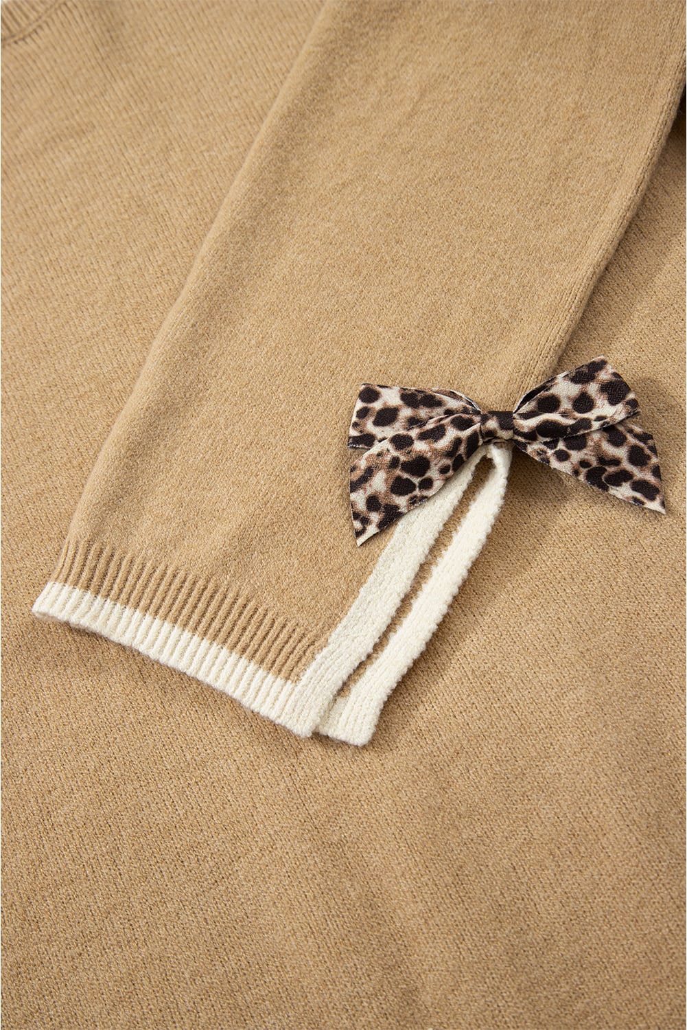 Tan Leopard Bow Decor Split Cuff Contrast Trim Sweater
