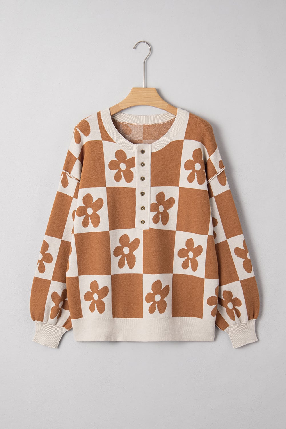 Thai Curry Flower Plaid Henley Baggy Sweater