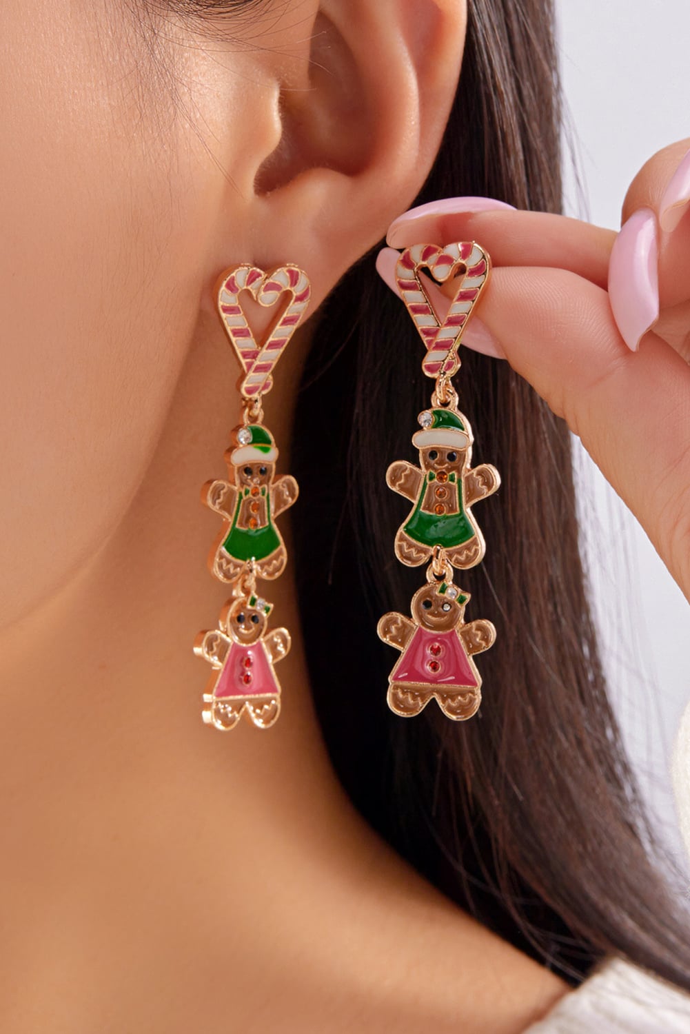 Thai Curry Gingerbread Man Candy Cane Heart Pendant Christmas Earrings