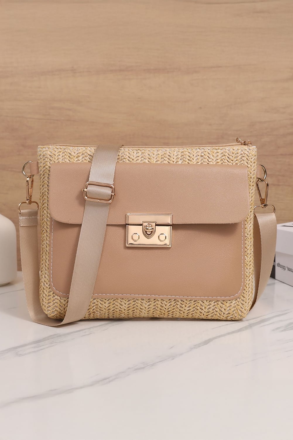 Thai Curry Leather Pocket Patchwork Straw Woven Shoulder Bag