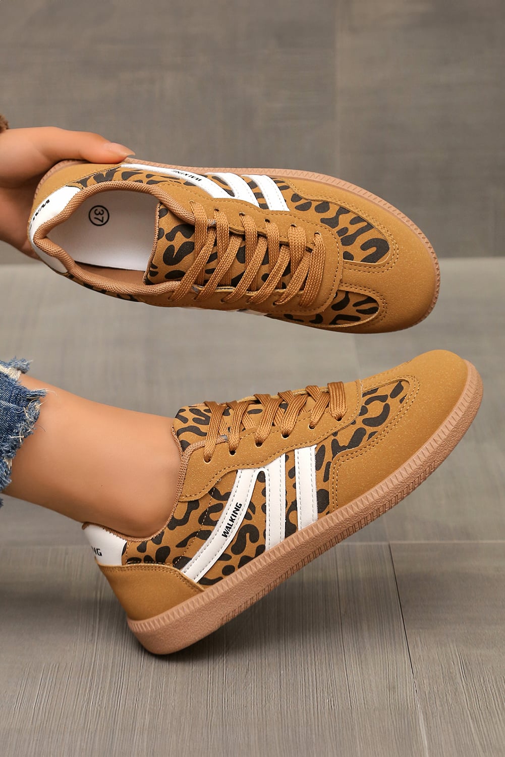 Thai Curry PU Leather Leopard Patchwork Contrast Detail Lace-up Shoes