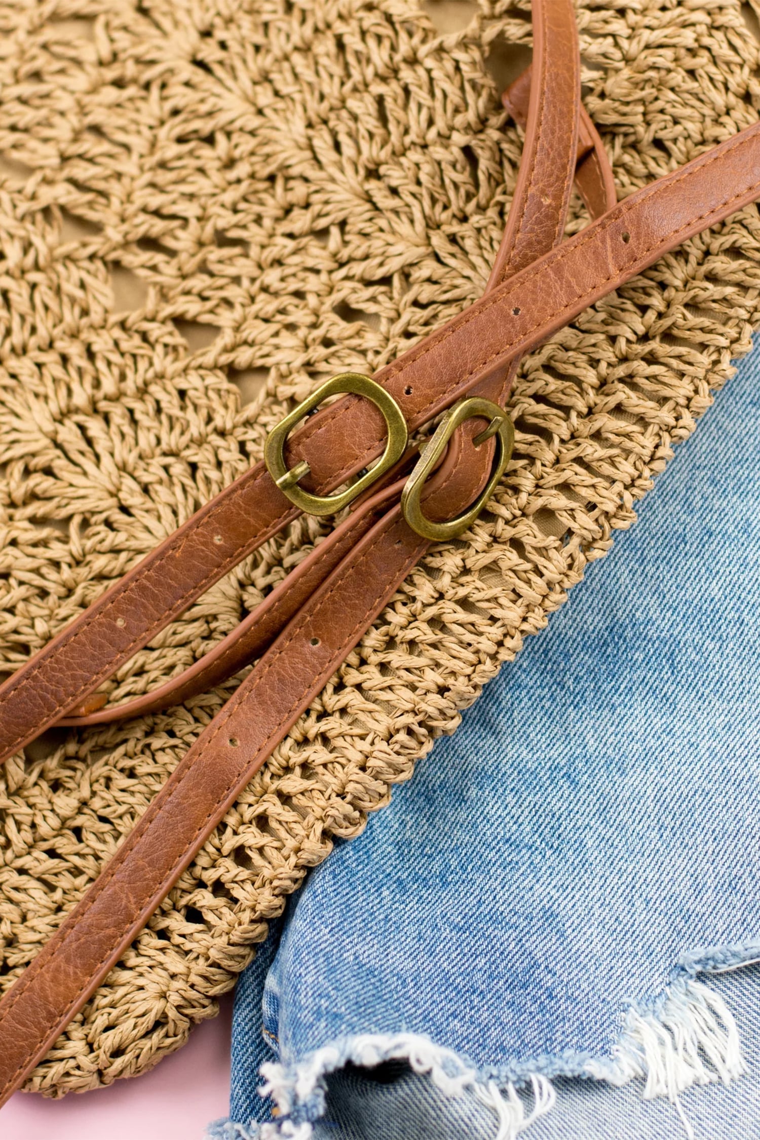 Thai Curry Retro Straw Woven PU Leather Straps Casual Backpack