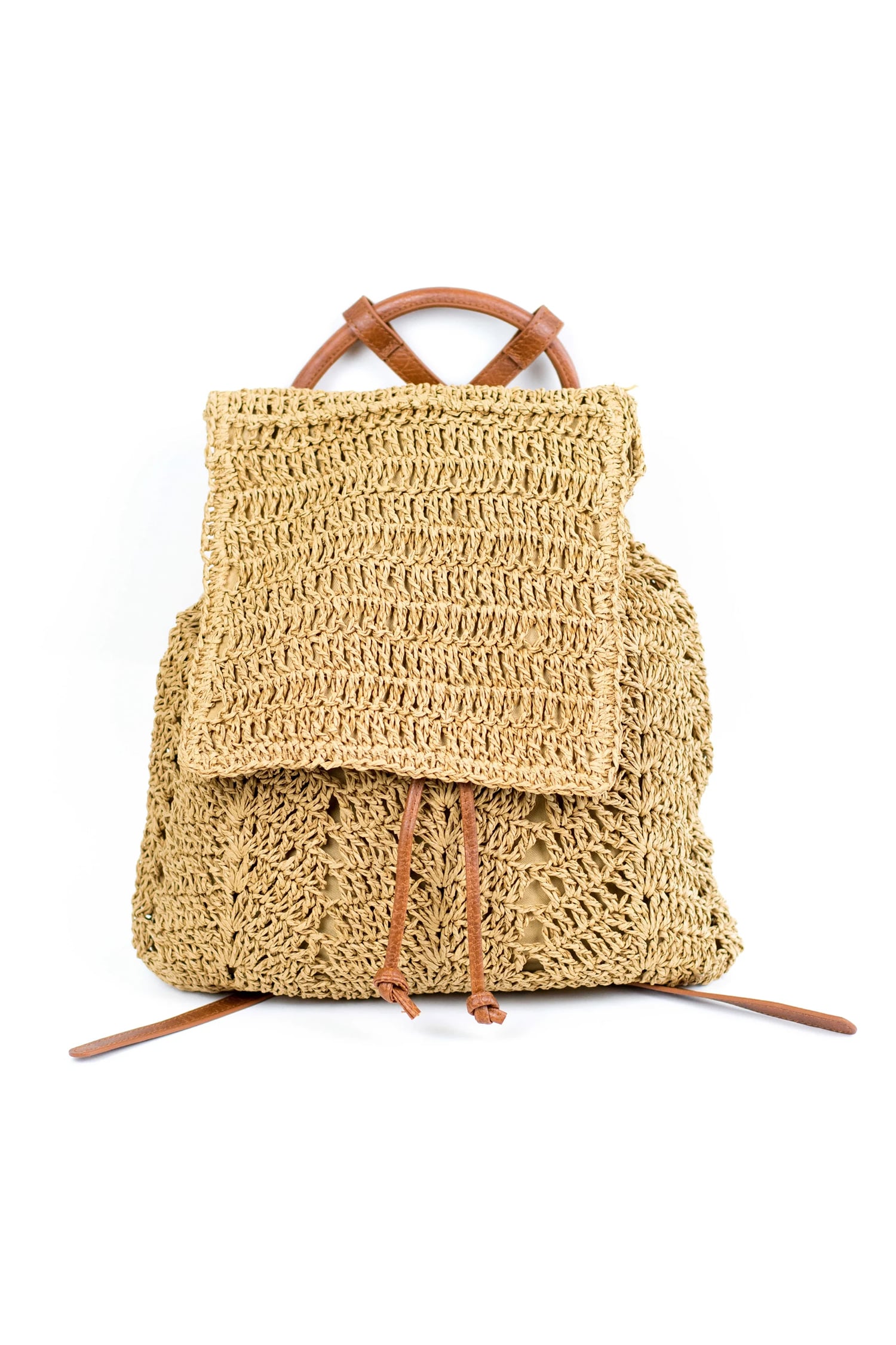Thai Curry Retro Straw Woven PU Leather Straps Casual Backpack