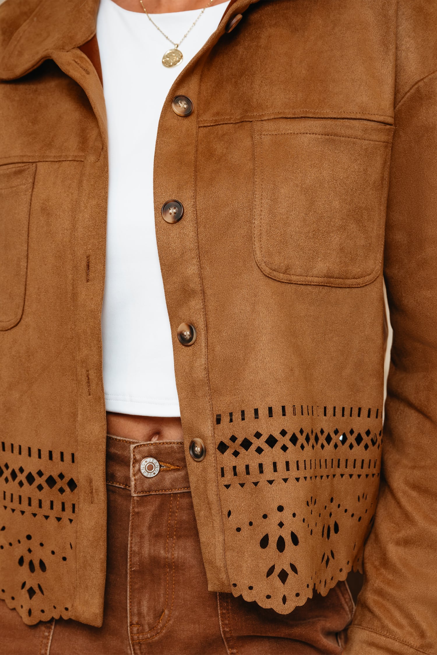 Thai Curry Solid Color Faux Suede Hollowed Detail Retro Style Jacket