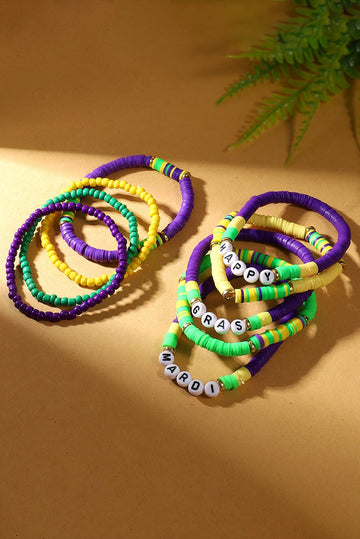 Tillandsia Purple Happy Mardi Gras Beaded Layered Bracelet Set