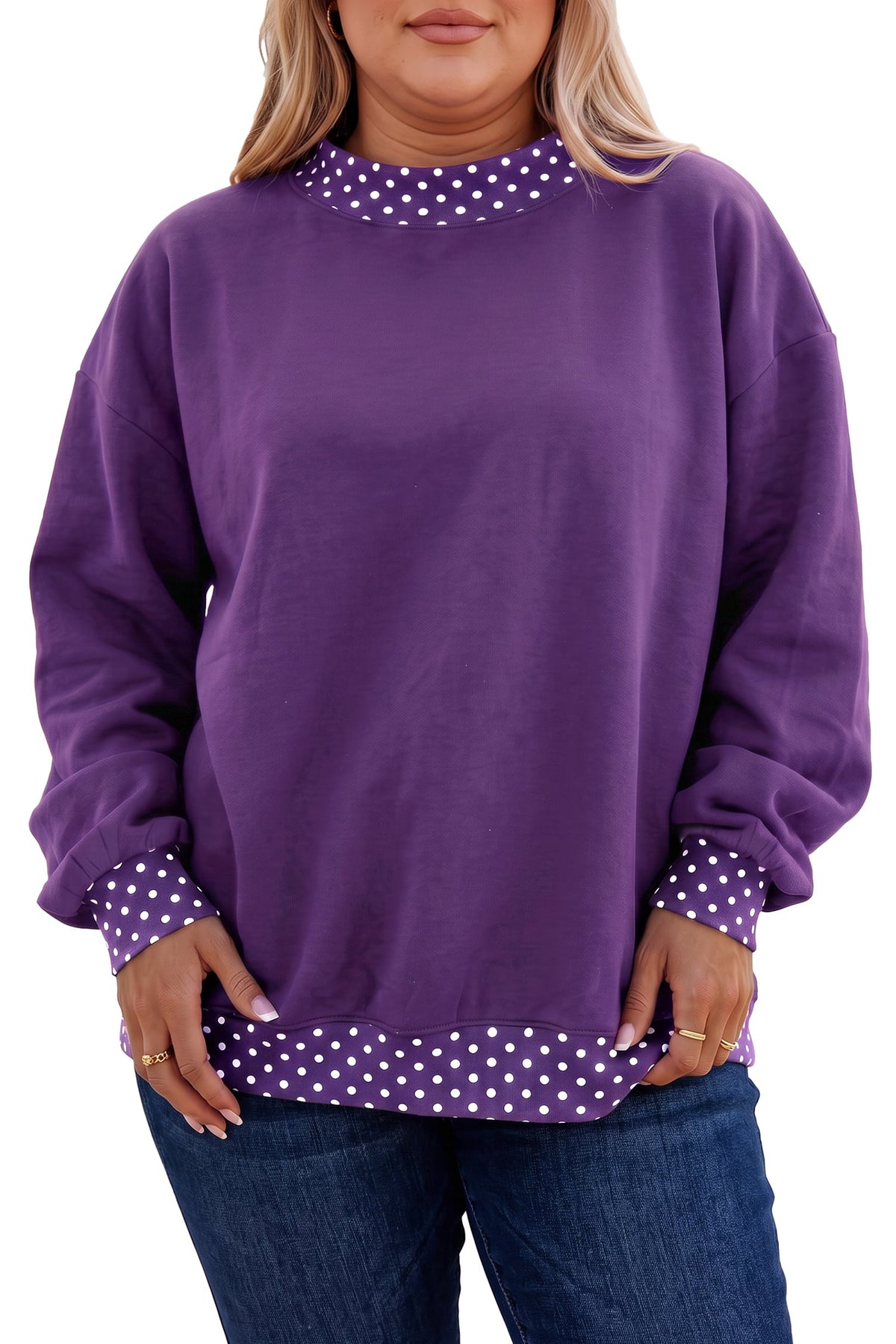Tillandsia Purple Polka Dot Patchwork Round Neck Plus Size Sweatshirt