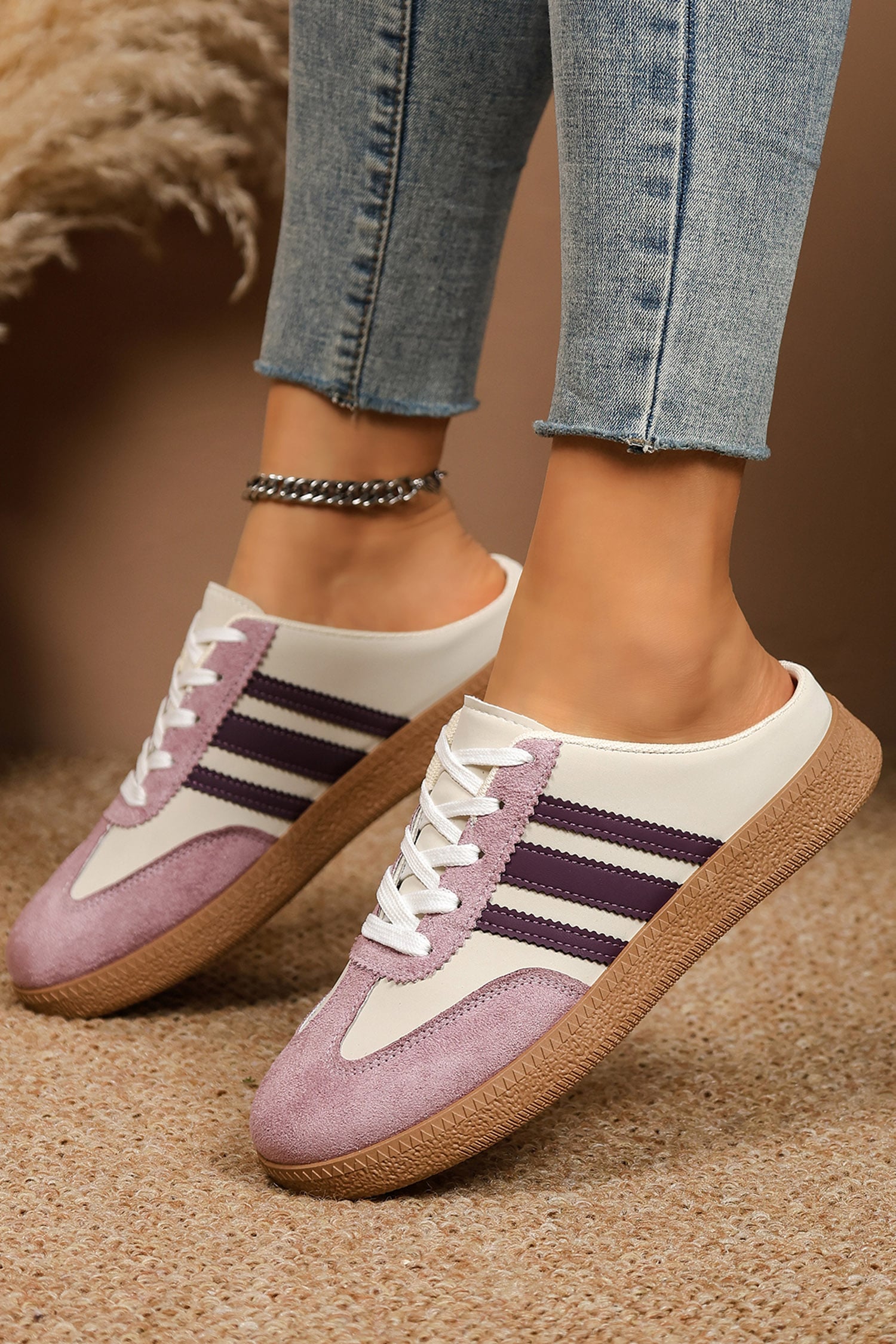 Tillandsia Purple PU Leather Color Block Varsity Lace Up Flat Shoes