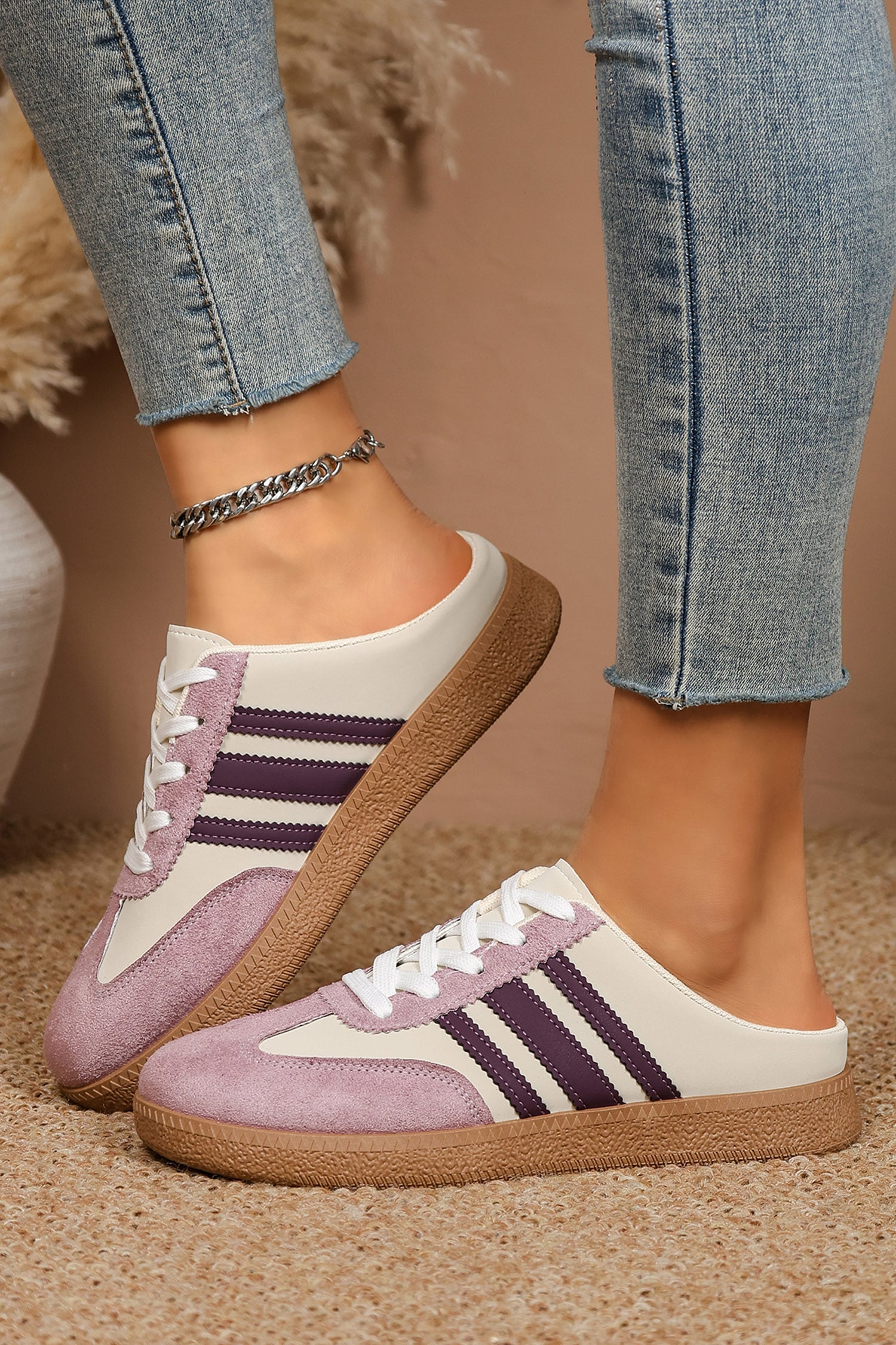 Tillandsia Purple PU Leather Color Block Varsity Lace Up Flat Shoes