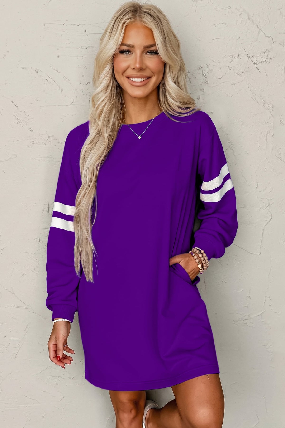 Tillandsia Purple Varsity Contrast Banded Sleeve Shift Sweatshirt Dress