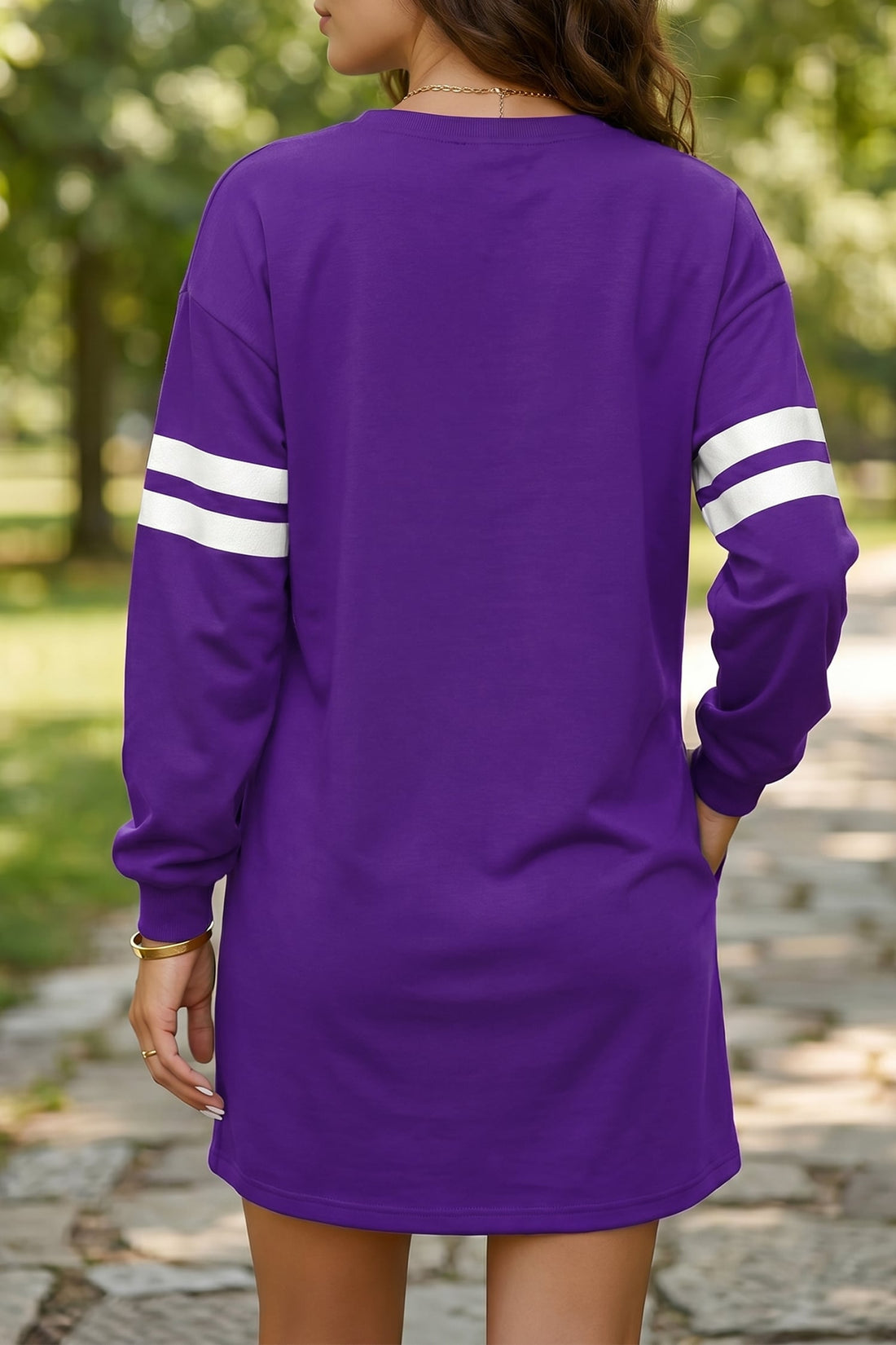 Tillandsia Purple Varsity Contrast Banded Sleeve Shift Sweatshirt Dress