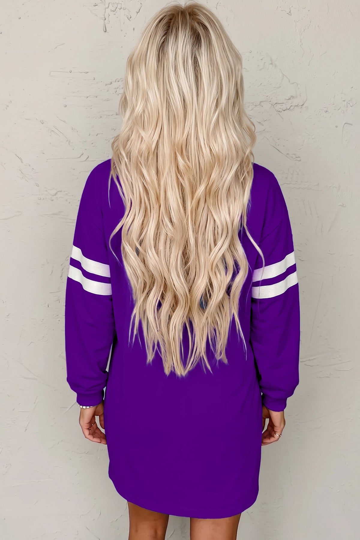 Tillandsia Purple Varsity Contrast Banded Sleeve Shift Sweatshirt Dress