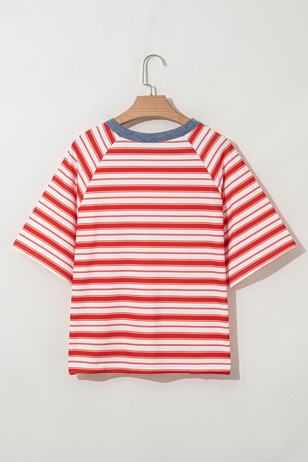Tomato Red Stripe Print Contrast Collar Raglan Sleeve T Shirt