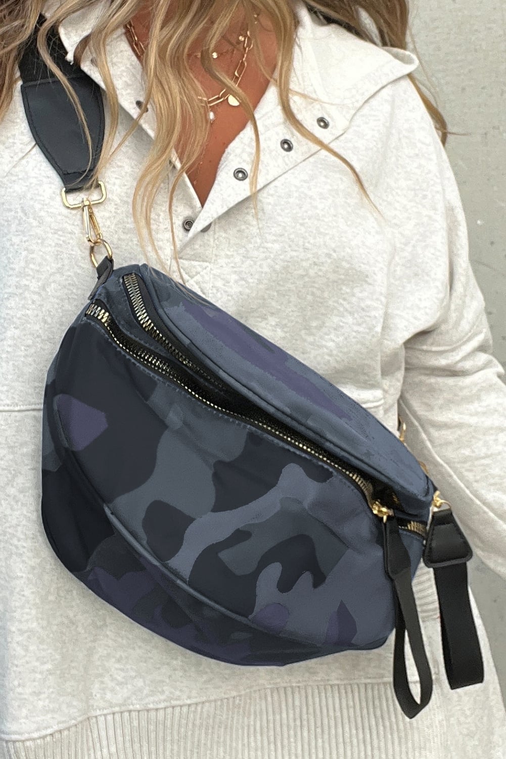 Vineyard Green Abstract/ Camouflage/ Polka Dot/ Leopard Print Double Zip Fashion Crossbody Bag