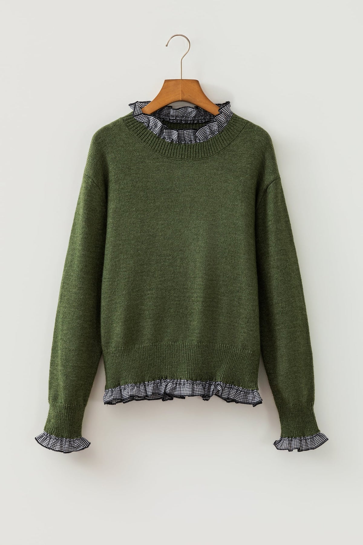 Vineyard Green Contrast Plaid Ruffle Trim Pullover Sweater
