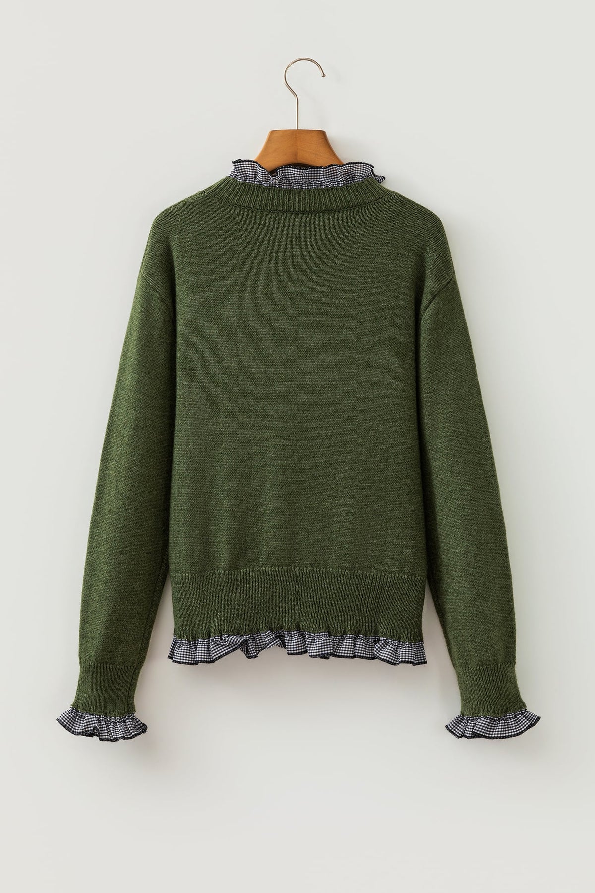 Vineyard Green Contrast Plaid Ruffle Trim Pullover Sweater