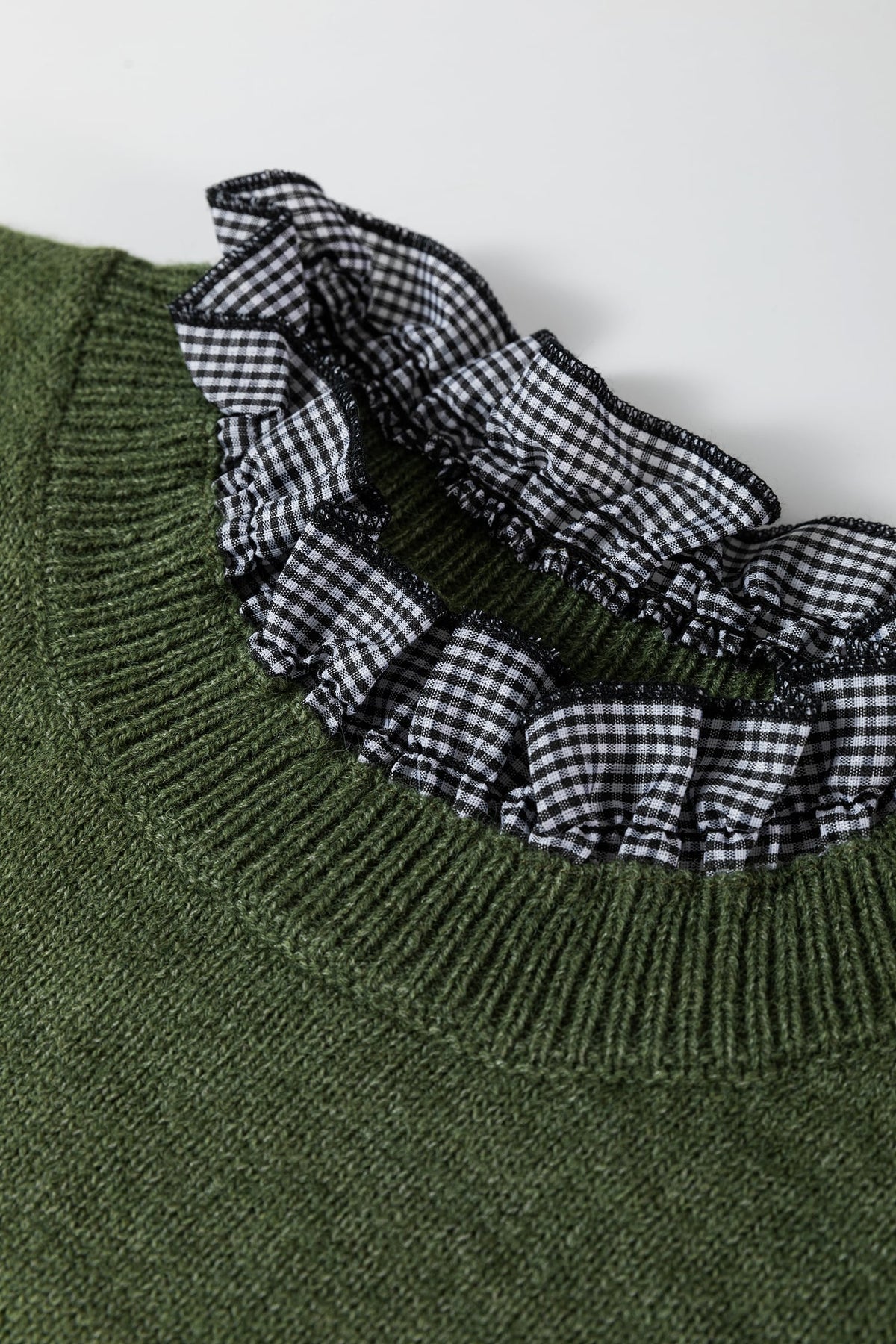 Vineyard Green Contrast Plaid Ruffle Trim Pullover Sweater