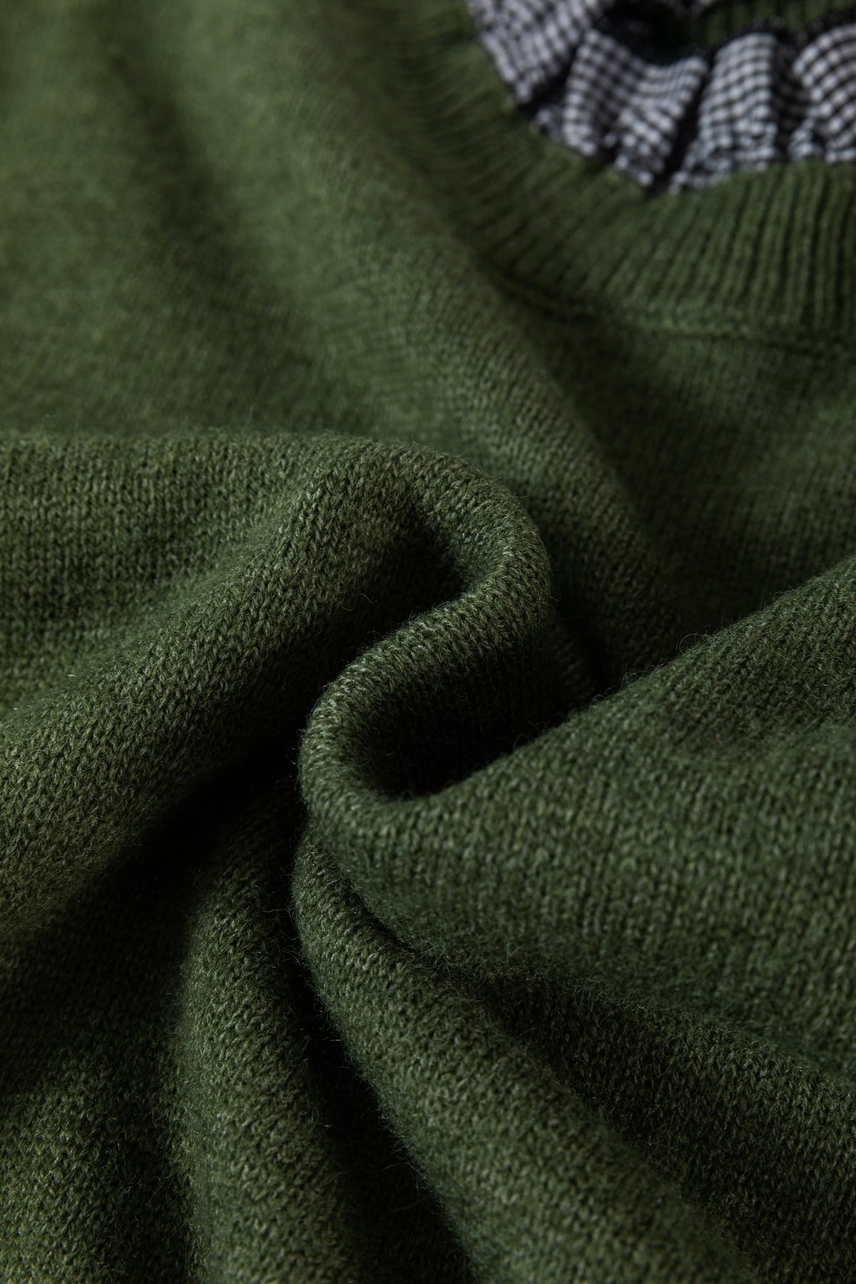 Vineyard Green Contrast Plaid Ruffle Trim Pullover Sweater