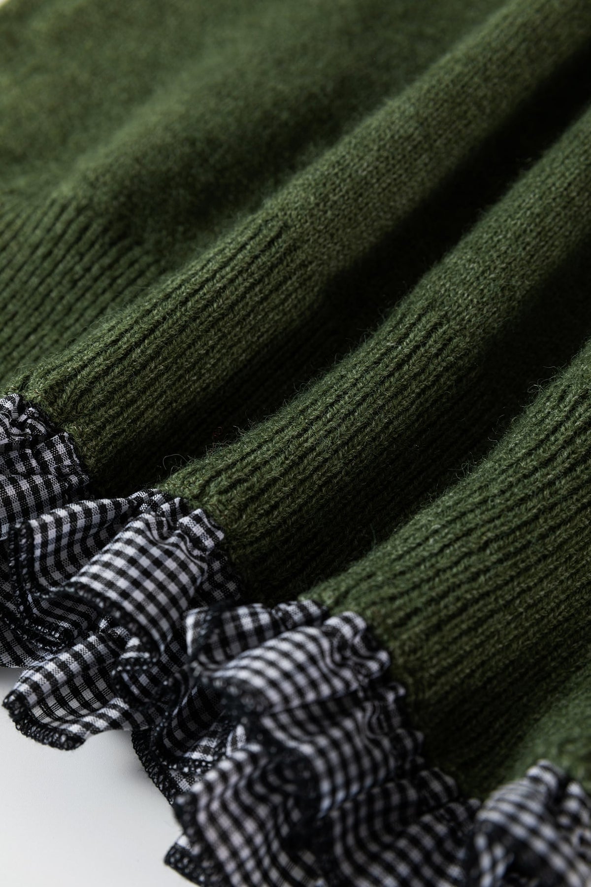 Vineyard Green Contrast Plaid Ruffle Trim Pullover Sweater