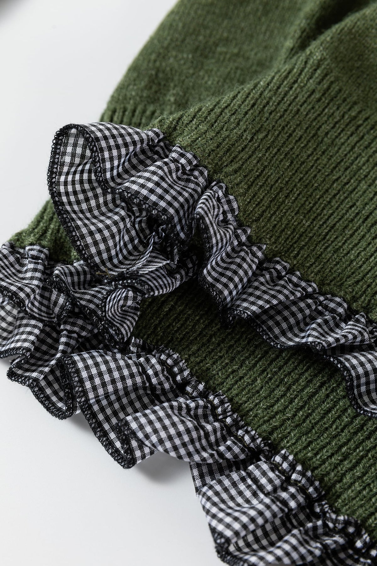 Vineyard Green Contrast Plaid Ruffle Trim Pullover Sweater