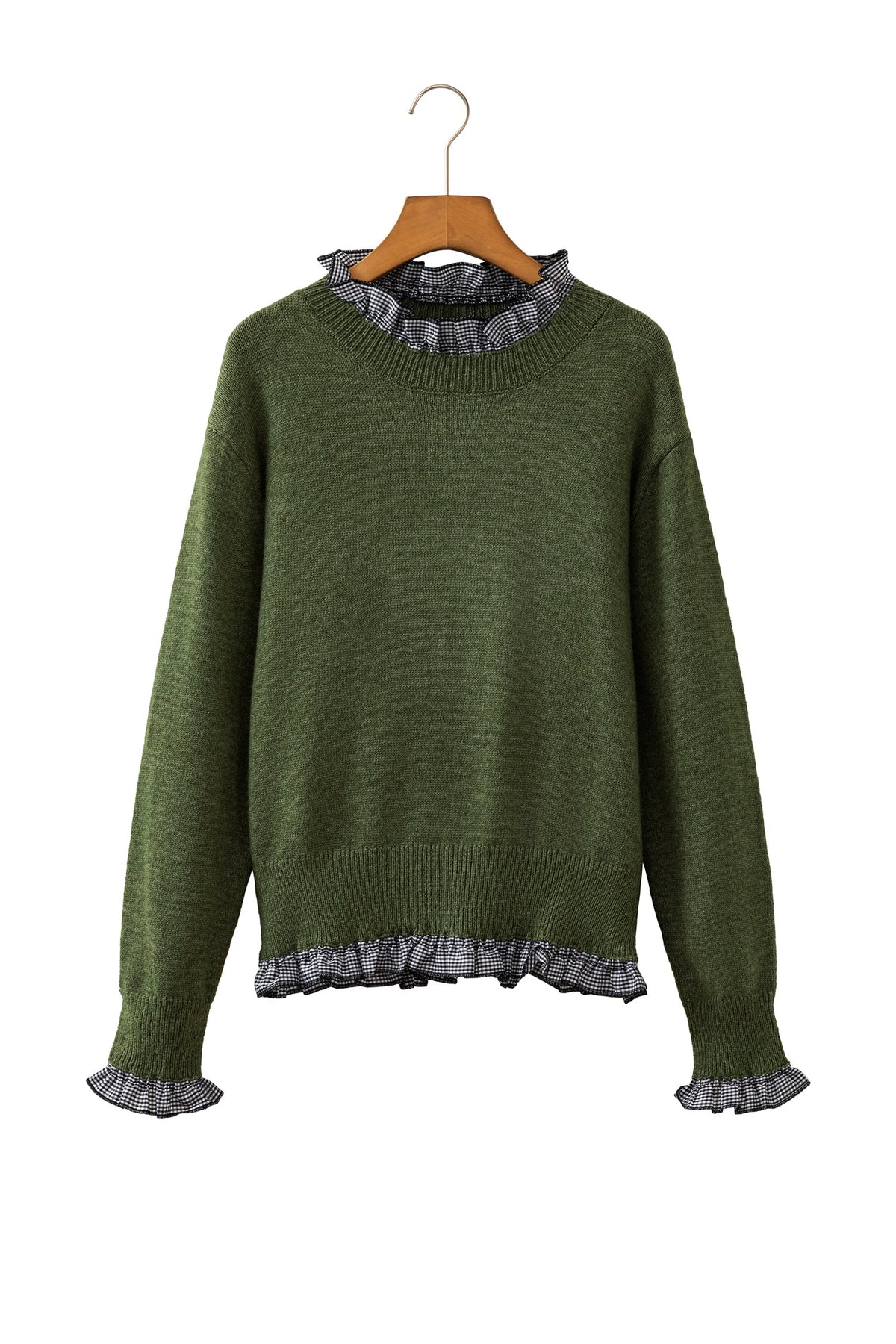 Vineyard Green Contrast Plaid Ruffle Trim Pullover Sweater