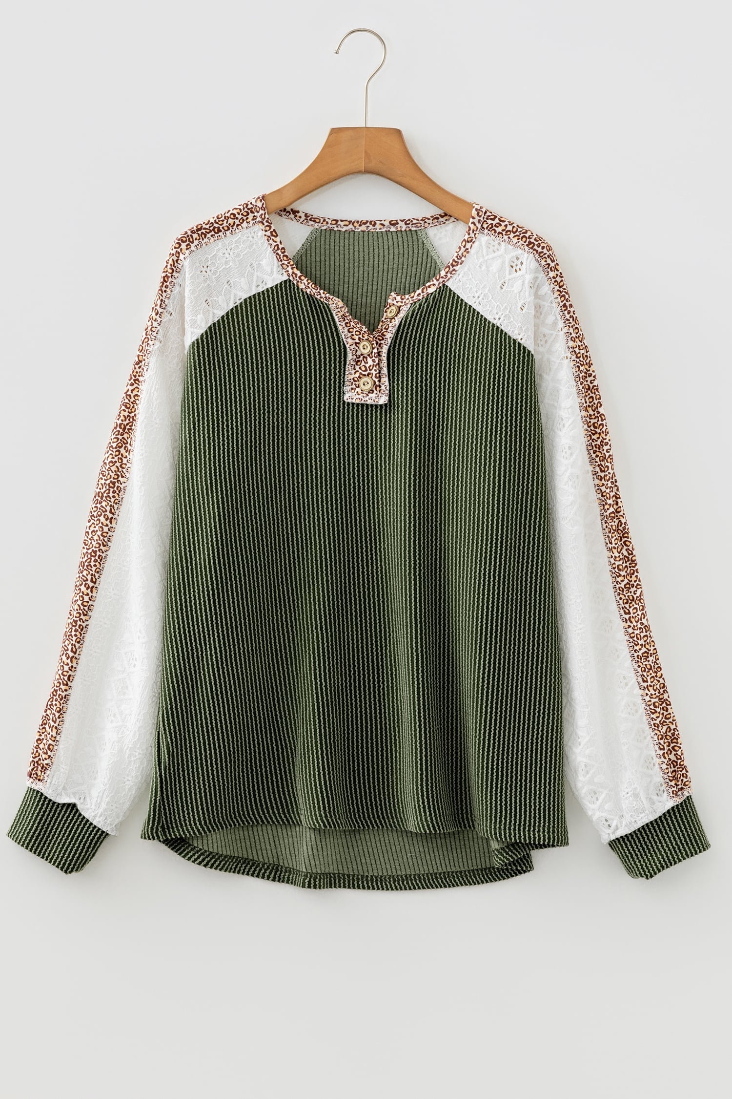 Vineyard Green Twisted Ribbed Leopard Lace Contrast Patchwork Long Sleeve Top