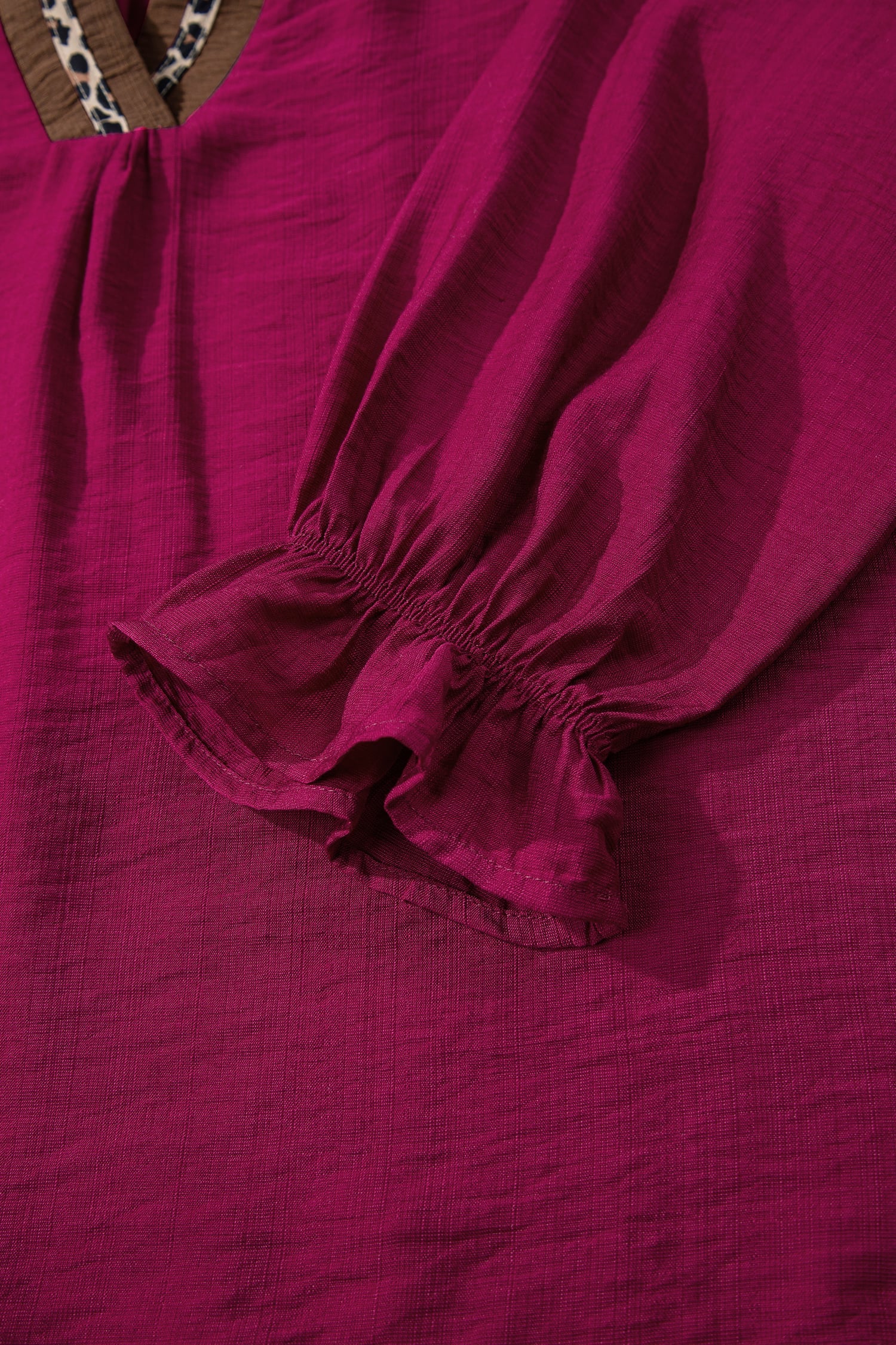 Violet Leopard Trim V Neck Flounced Bracelet Sleeve Blouse