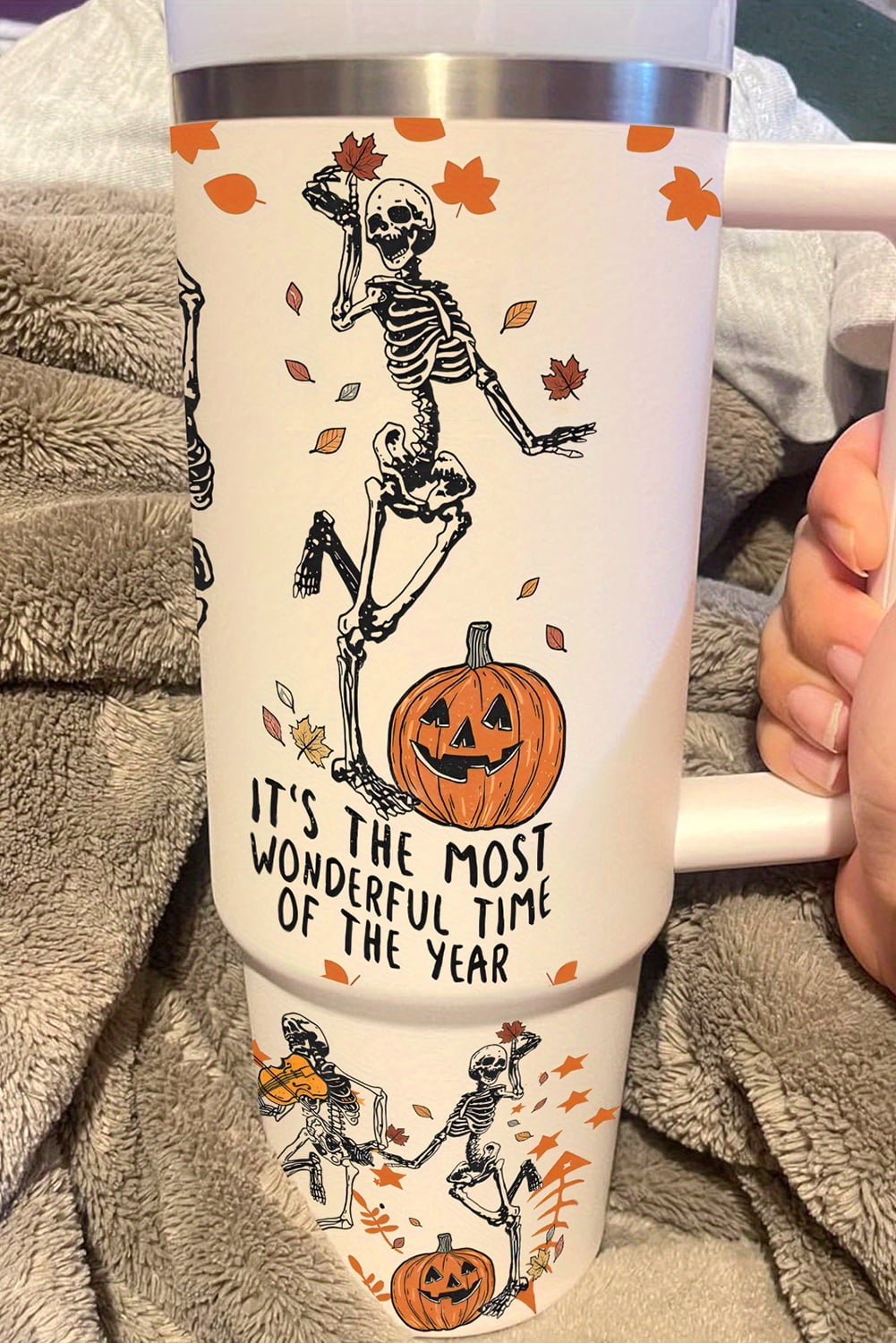 White 1200ml Halloween Dancing Skeleton Pumpkin Face Printed Thermos Cup
