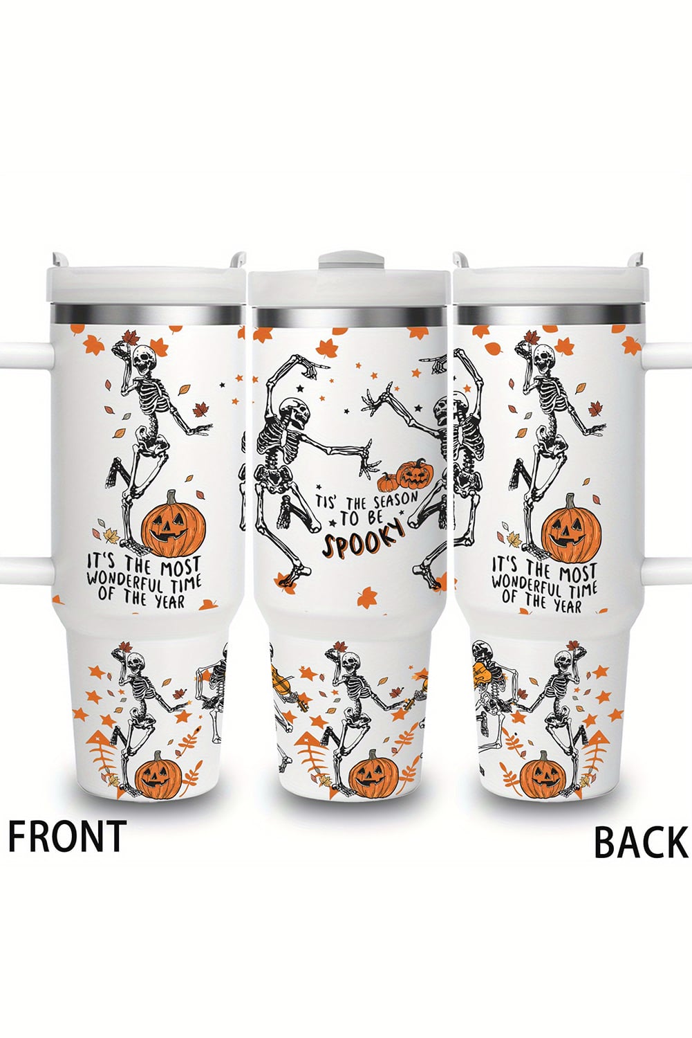 White 1200ml Halloween Dancing Skeleton Pumpkin Face Printed Thermos Cup