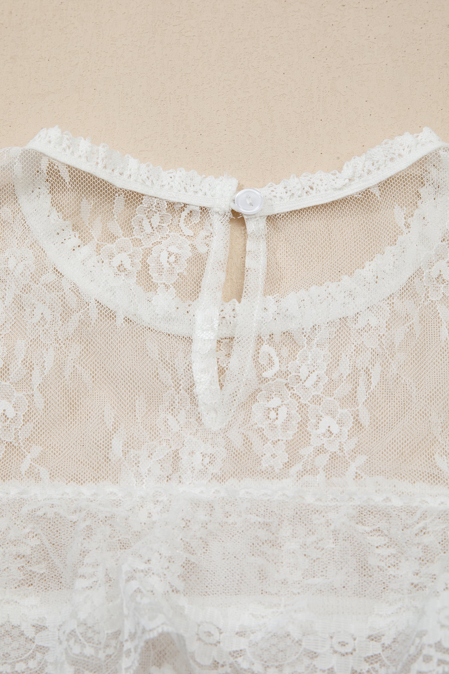 White 2pcs Sheer Floral Lace Ruffle Tiered Patchwork Blouse