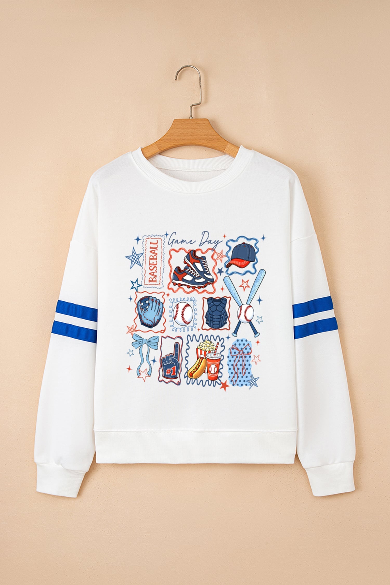 White Baseball Game Day Printed Varsity Striped Sweatshirt