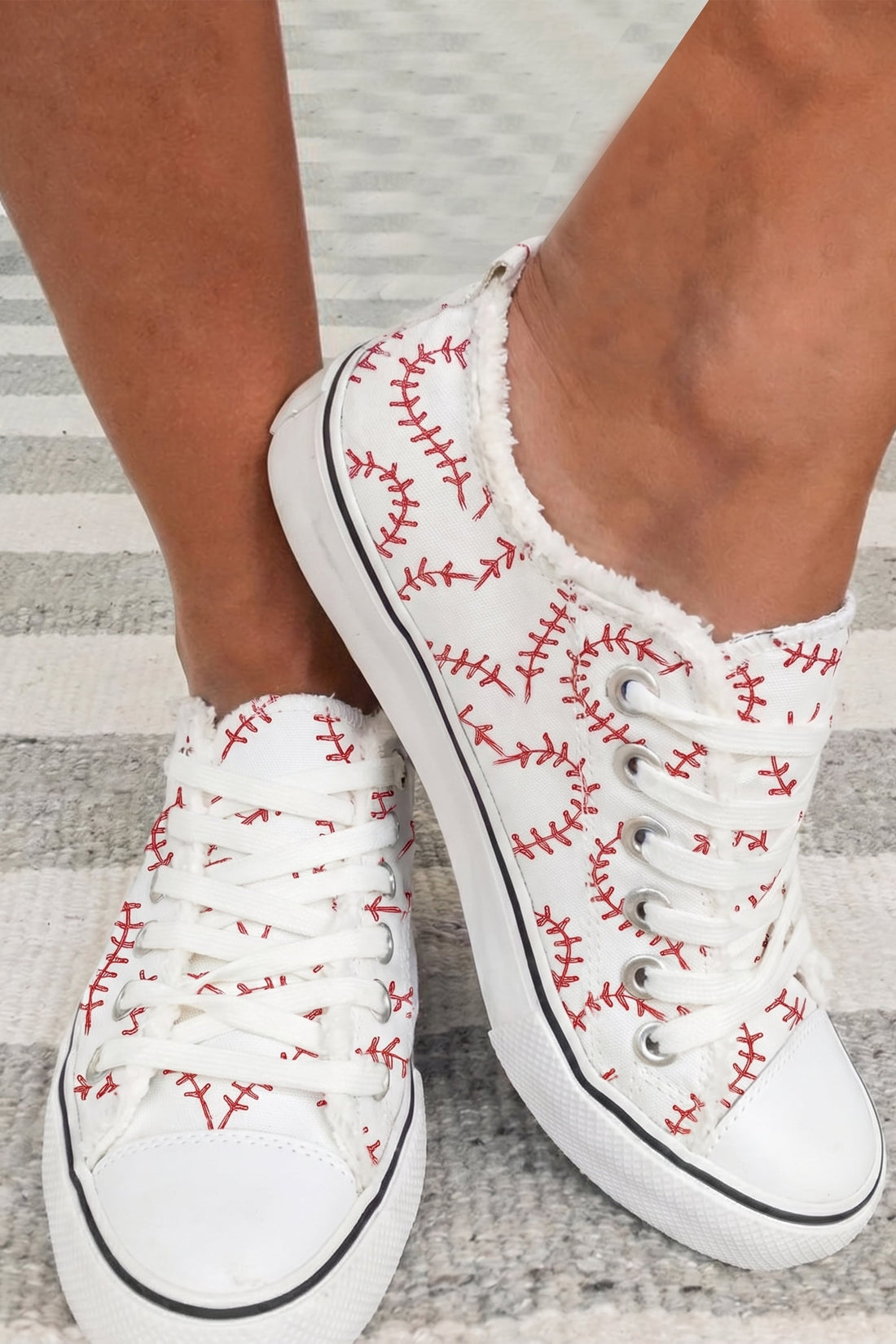 White Baseball Seam Printed Frayed Canvas Shoes