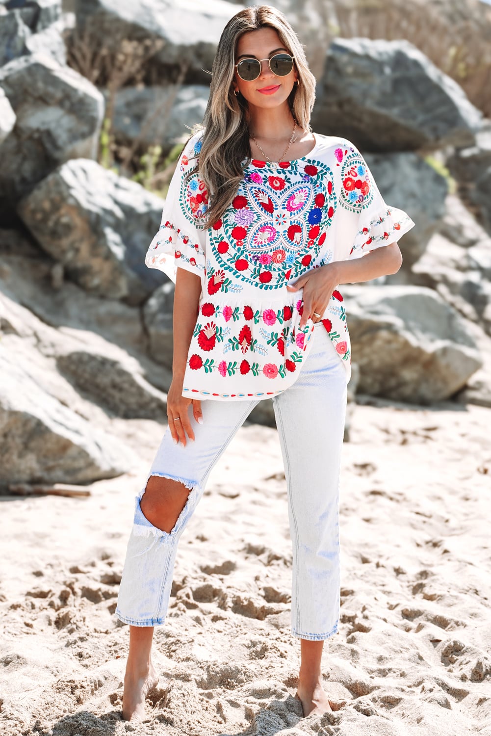 White Boho Floral Print Round Neck Ruffle Trim Blouse