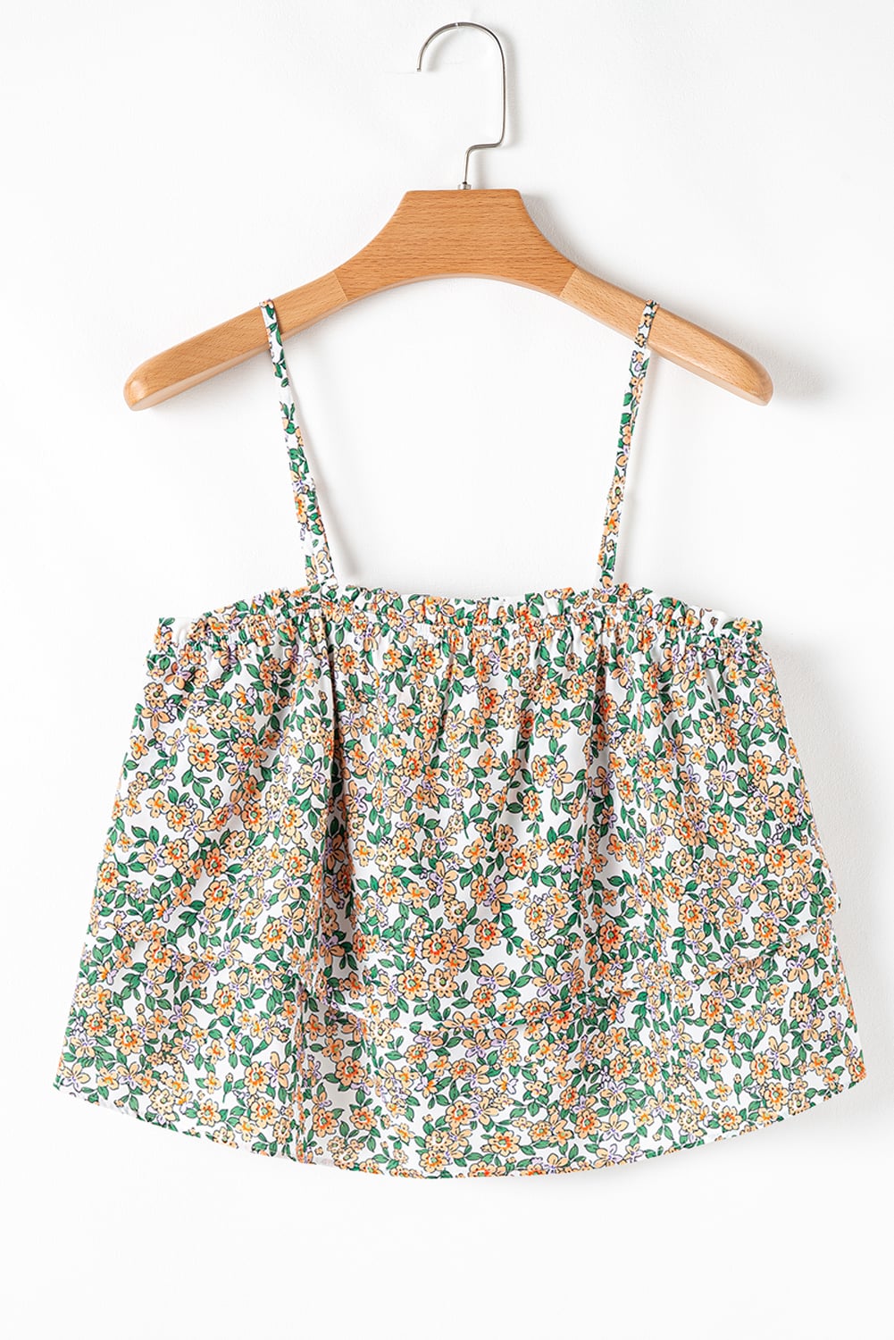 White Boho Floral Spaghetti Strap Ruffle Summer Tank Top