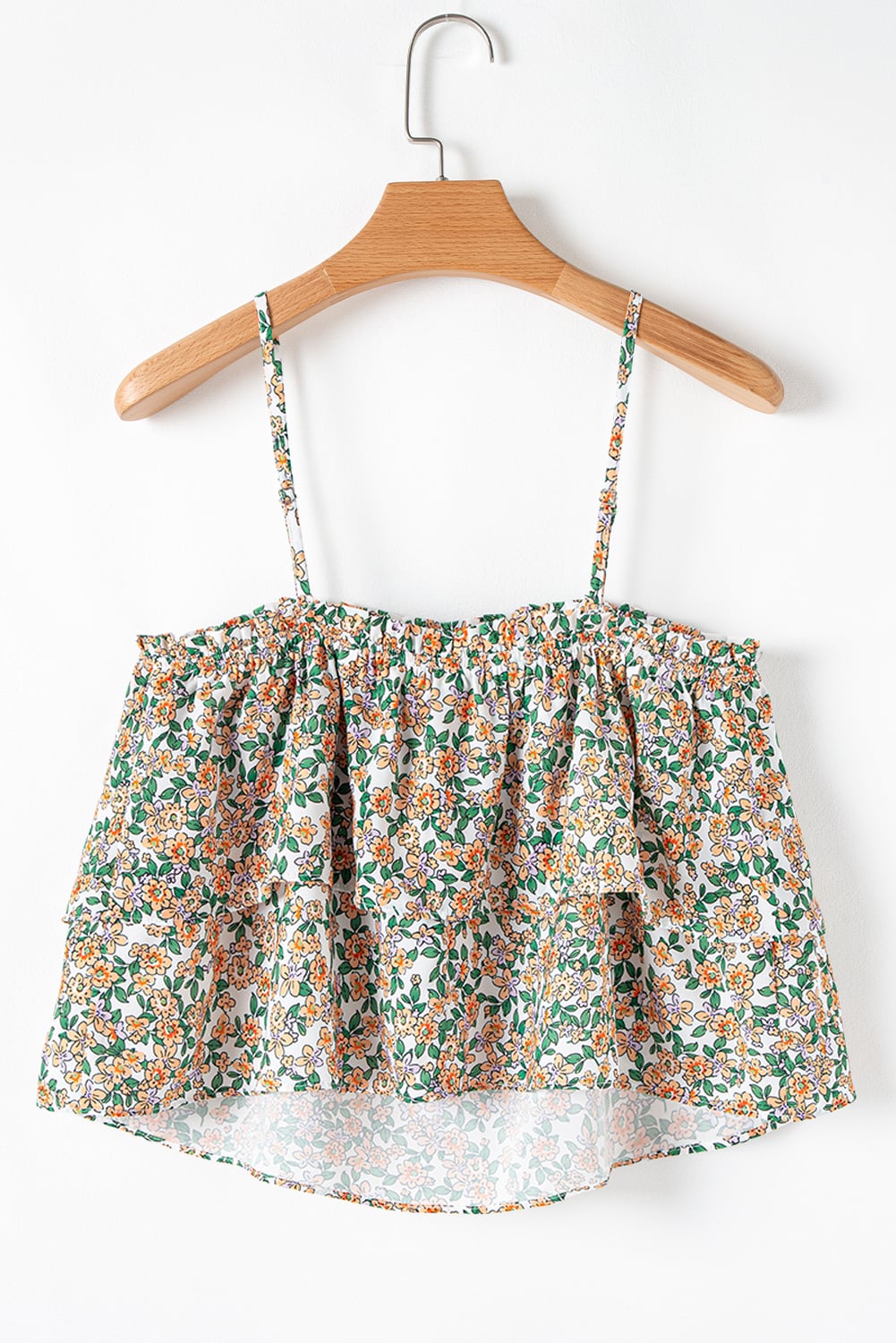 White Boho Floral Spaghetti Strap Ruffle Summer Tank Top