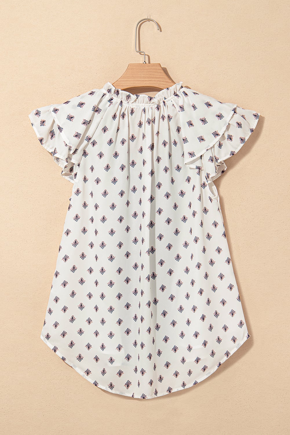 White Boho Pattern Tiered Ruffled Sleeve V Neck Buttoned Blouse