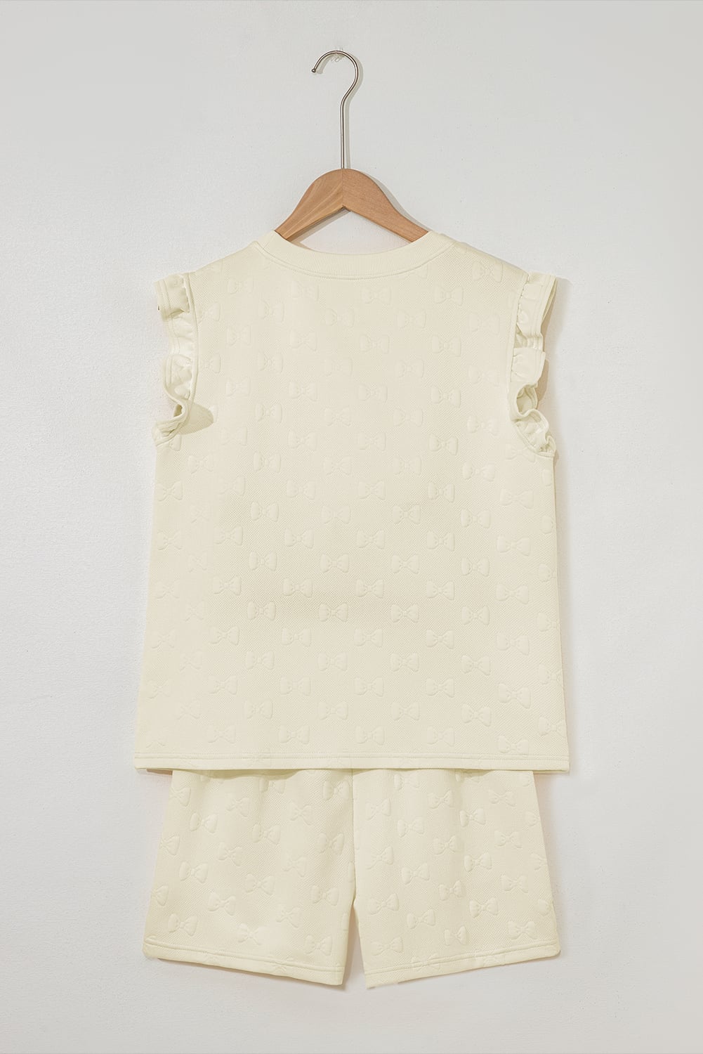 White Bow Jacquard Ruffle Sleeve Short 2pcs Outfit