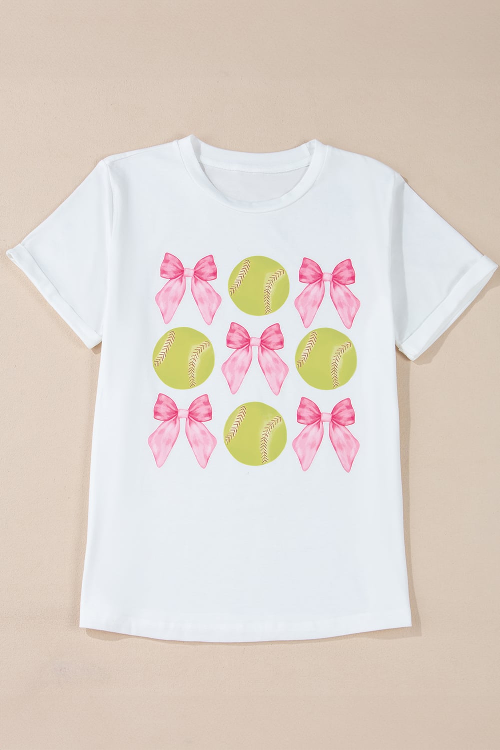 White Bow Tie Baseball Print Round Neck Casual Tee