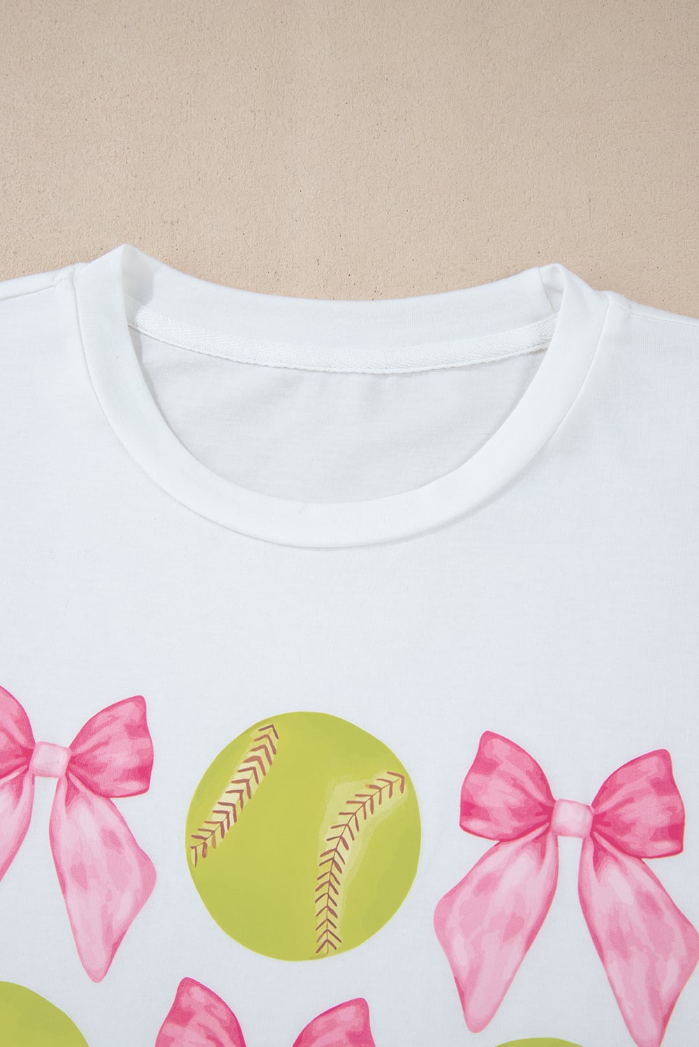 White Bow Tie Baseball Print Round Neck Casual Tee