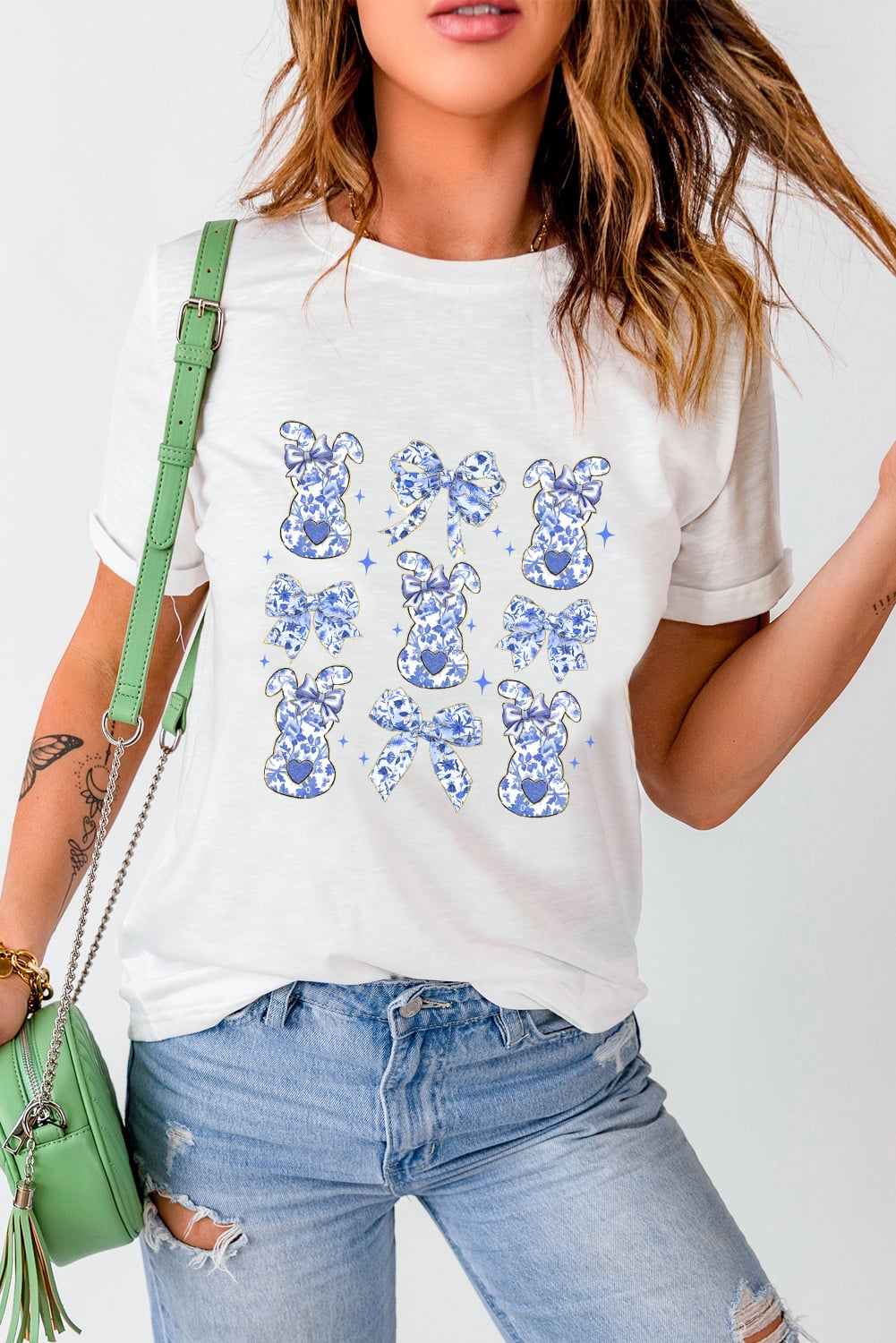 White Bowknot Bunny Graphic Easter Fashion T Shirt