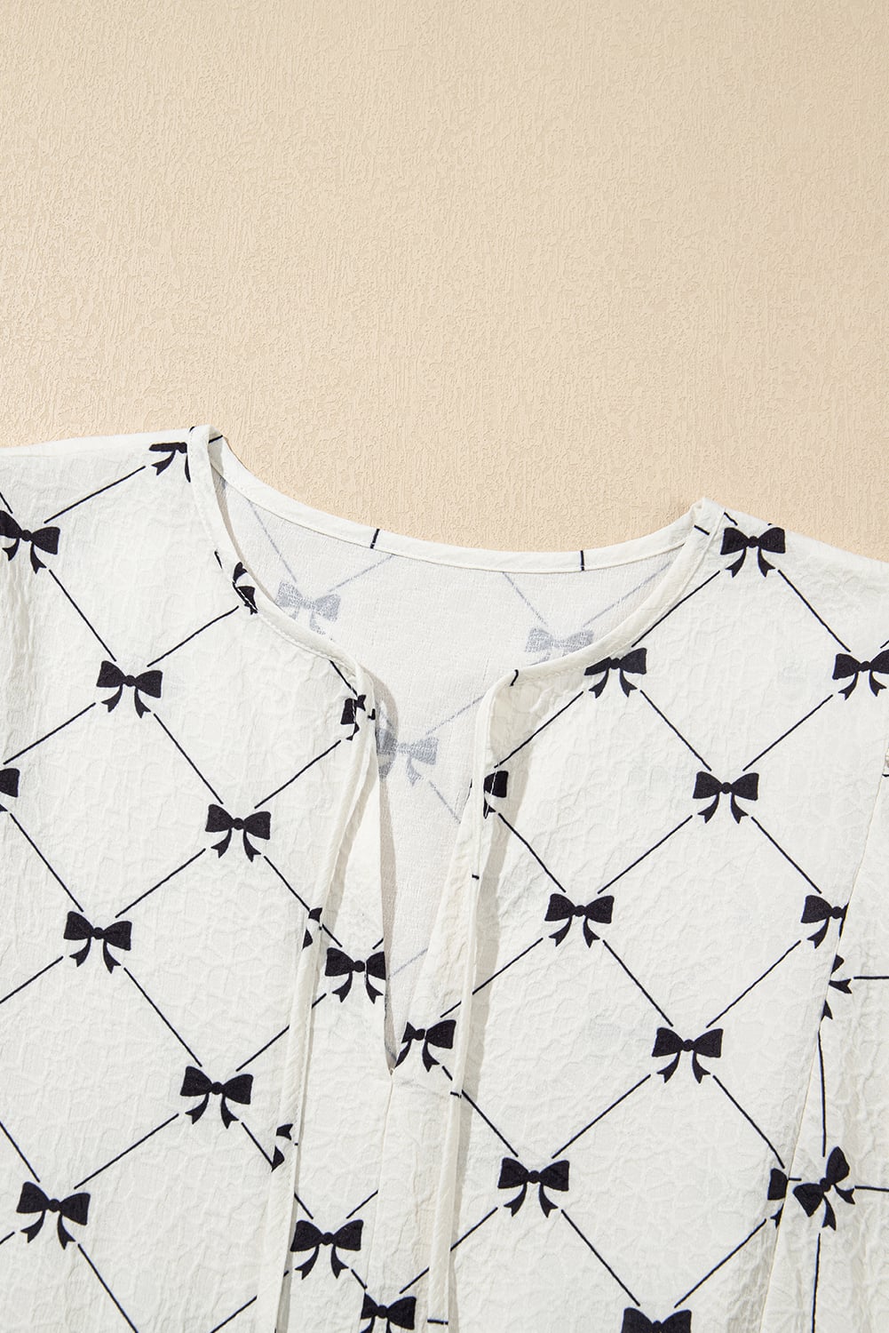 White Bowtie Pattern Textured Puff Half Sleeve Loose Mini Dress