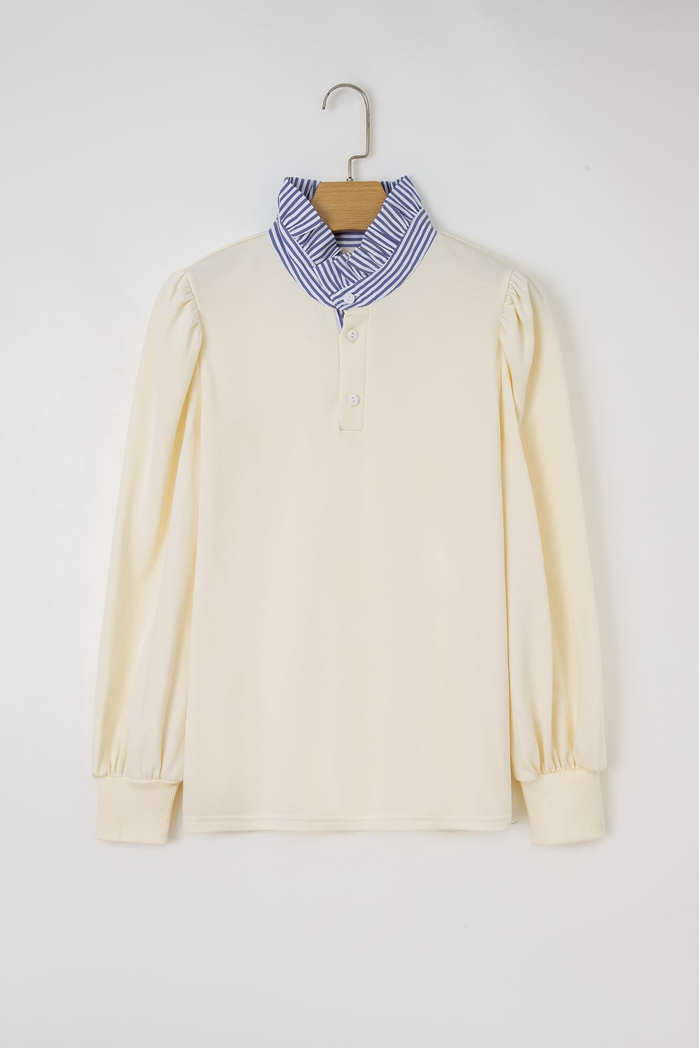 White Button Striped Collar Patchwork Puff Sleeve Sweatshirt