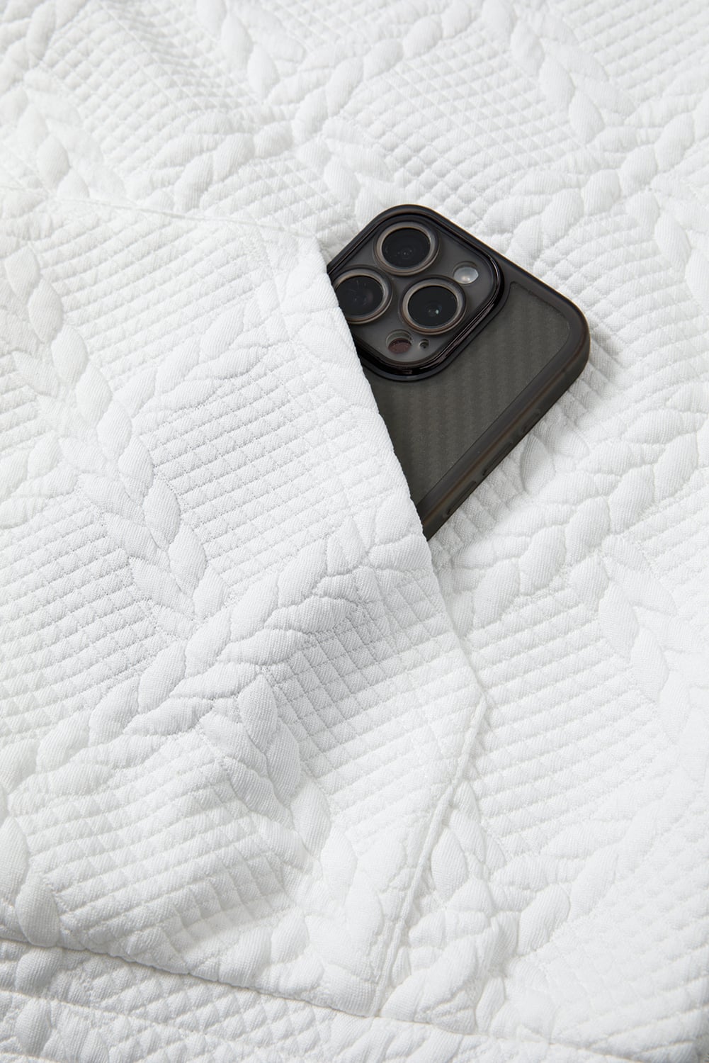 White Cable Lattice Texture Kangaroo Pocket Hoodie