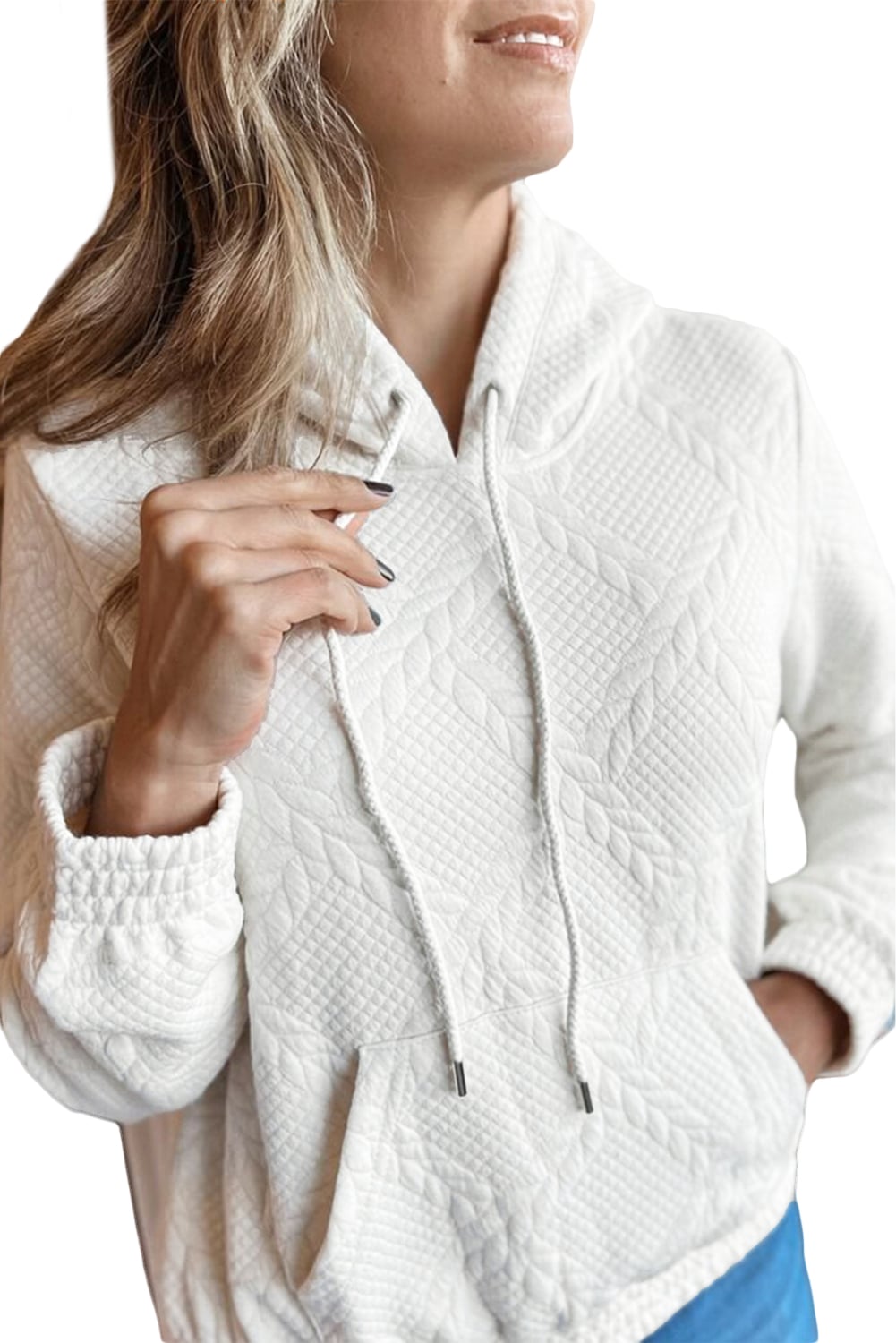 White Cable Lattice Texture Kangaroo Pocket Hoodie
