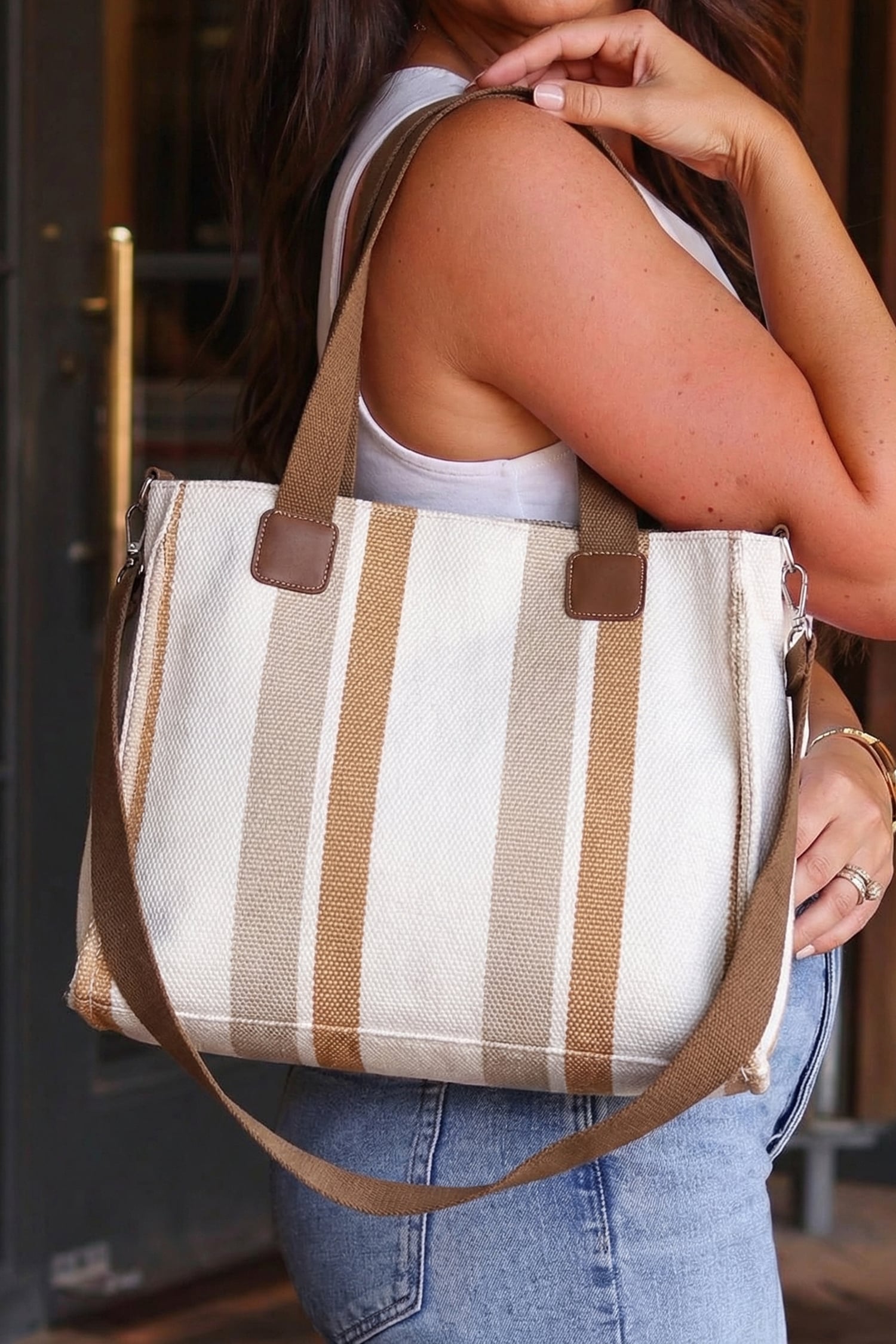 White Canvas Striped Convertible Tote Bag