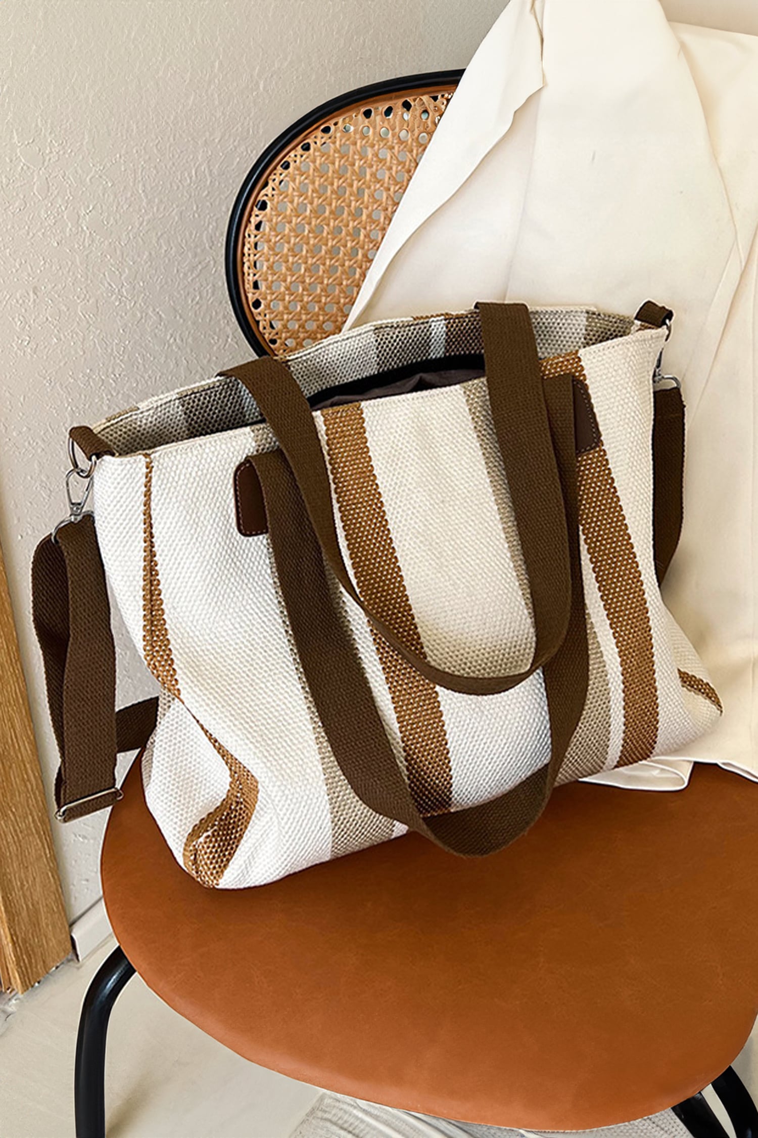 White Canvas Striped Convertible Tote Bag