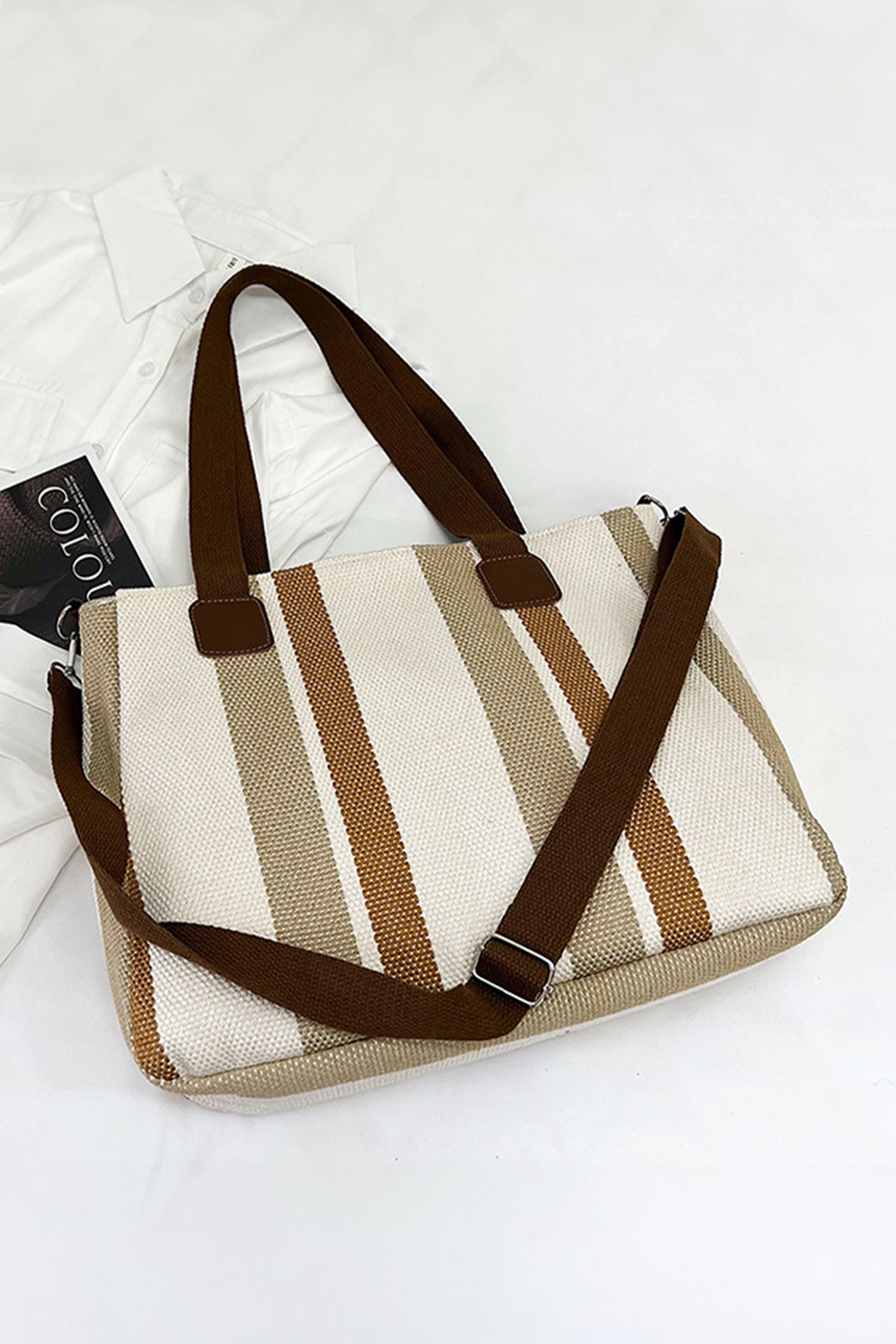 White Canvas Striped Convertible Tote Bag