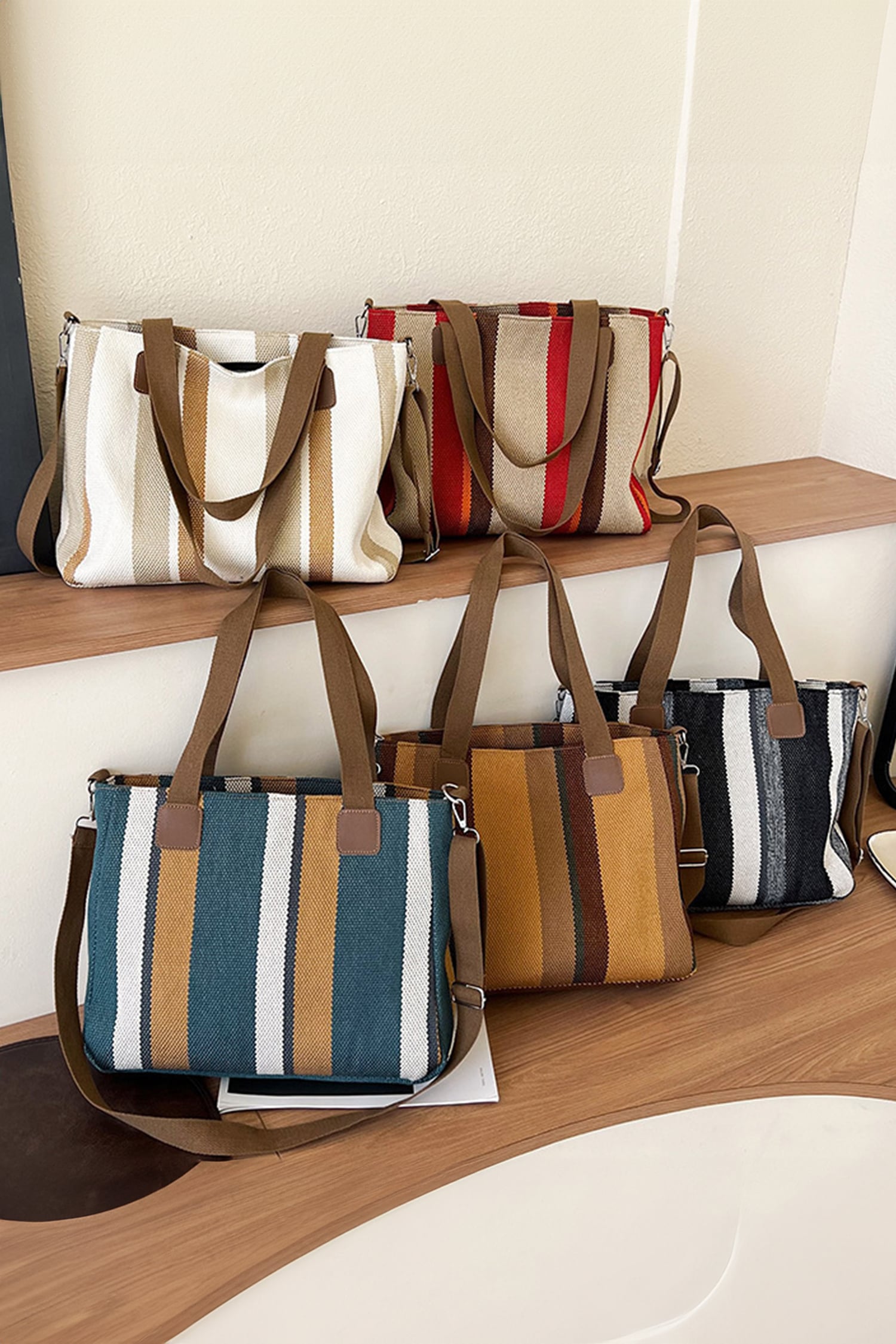 White Canvas Striped Convertible Tote Bag