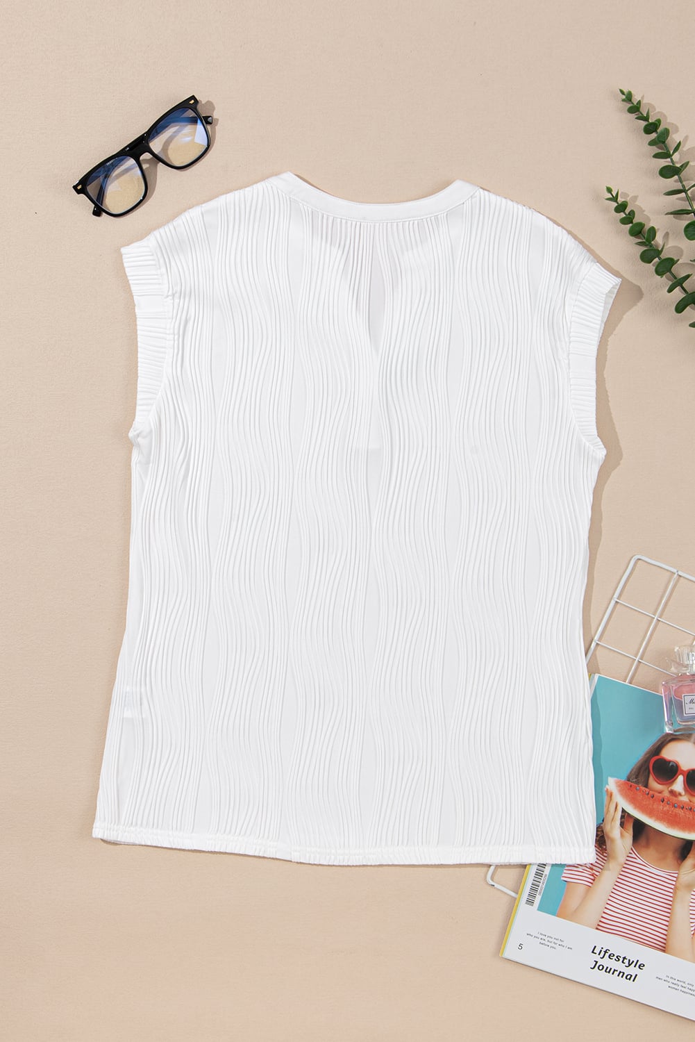 White Wavy Textured Button V Neck Tee