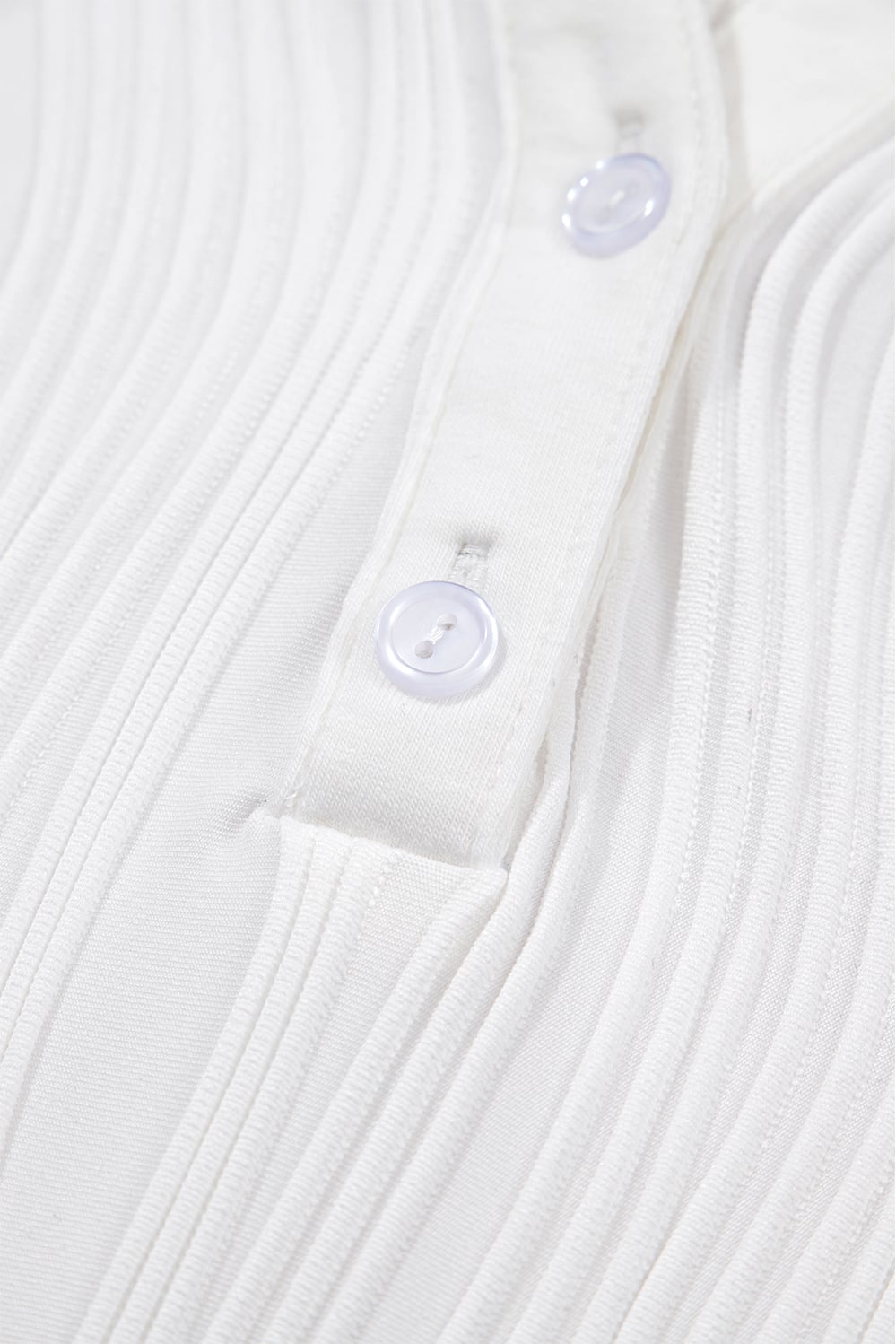 White Wavy Textured Button V Neck Tee